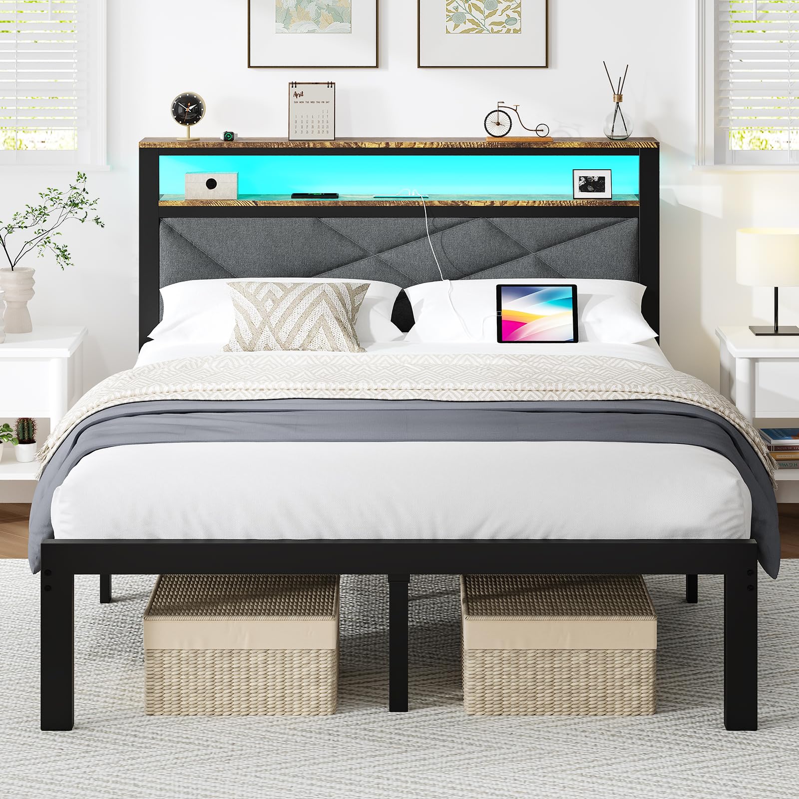 ChicZhiNest Queen Bed Frame with Charging Station, LED Lights, Heavy Duty Metal Slats, Headboard with Upholstered Back and Stora