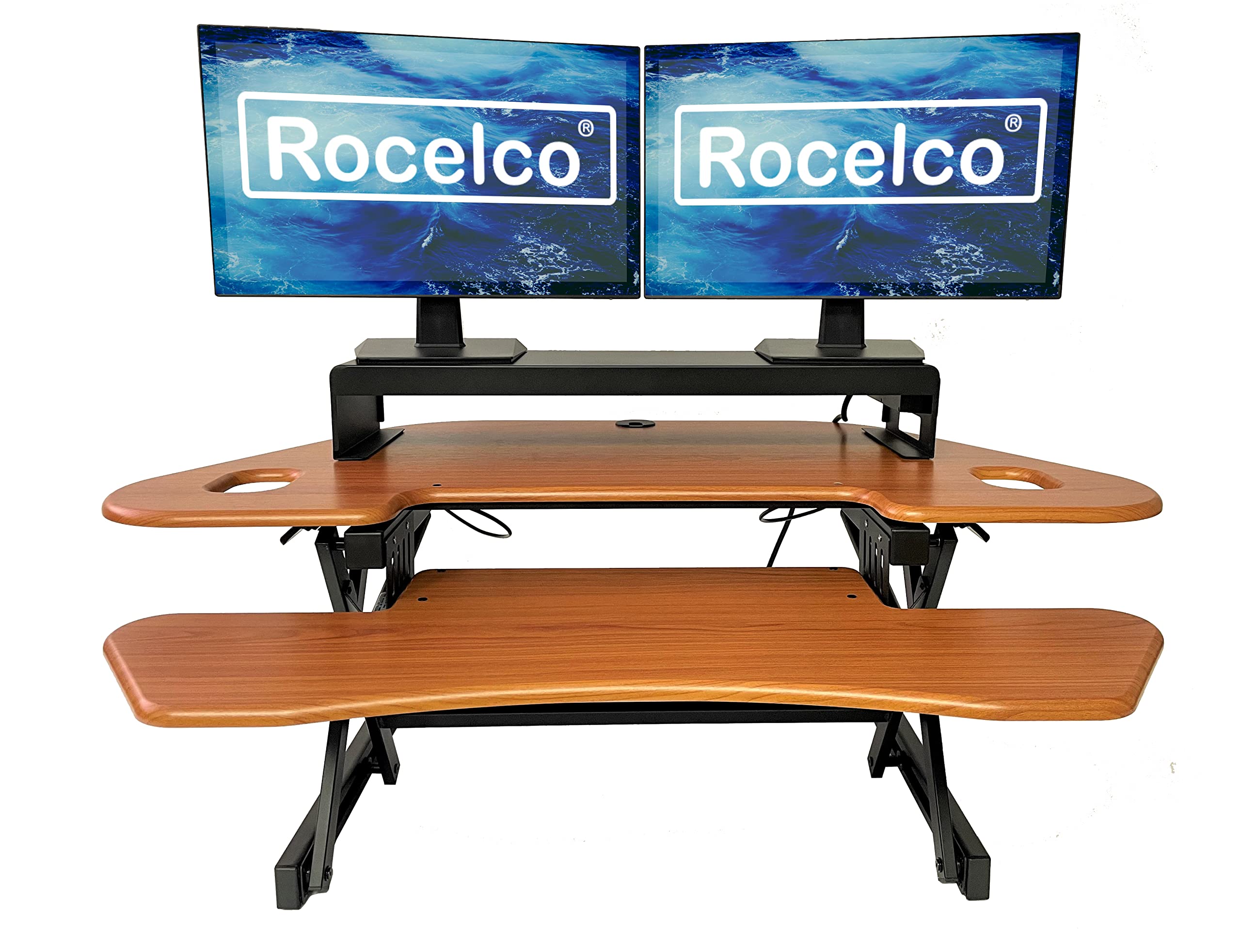 Rocelco 46&quot; Height Adjustable Corner Standing Desk Converter with Dual Monitor Stand Bundle - Sit Stand Up Computer Workstation Riser - Extra Large Keyboard Tray - Teak Wood Grain (R CADRT-46-DMS)