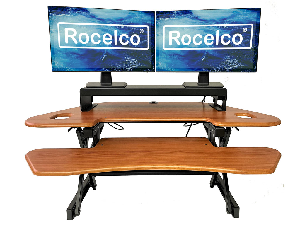 Rocelco 46" Height Adjustable Corner Standing Desk Converter with Dual Monitor Stand Bundle - Sit Stand Up Computer Workstation Riser - Extra Large Keyboard Tray - Teak Wood Grain (R CADRT-46-DMS)