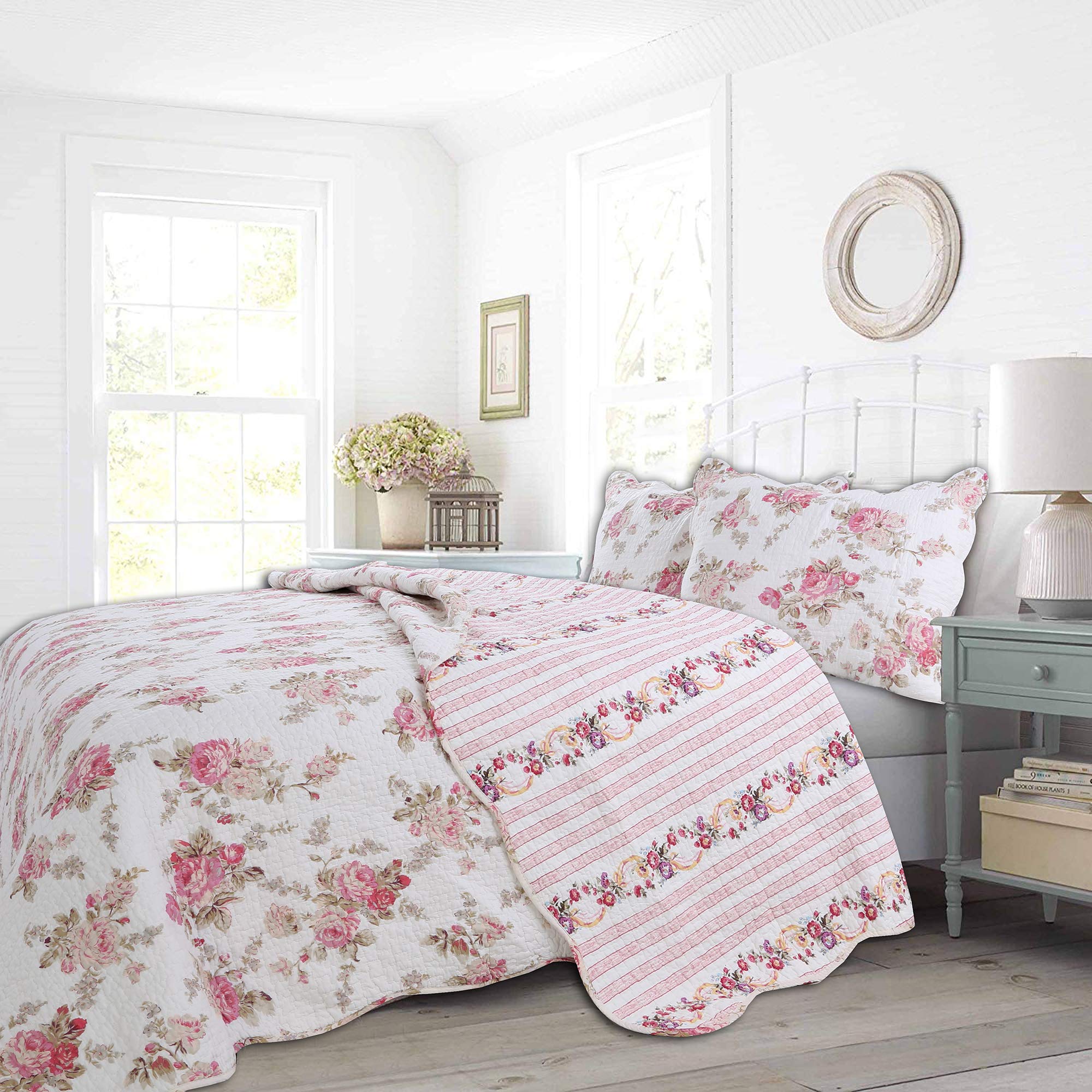 Cozy Line Home Fashions Romantic Pink Peony Floral 100% Cotton Reversible Quilt Bedding Set, Coverlet, Bedspread (Pink Peony, Qu