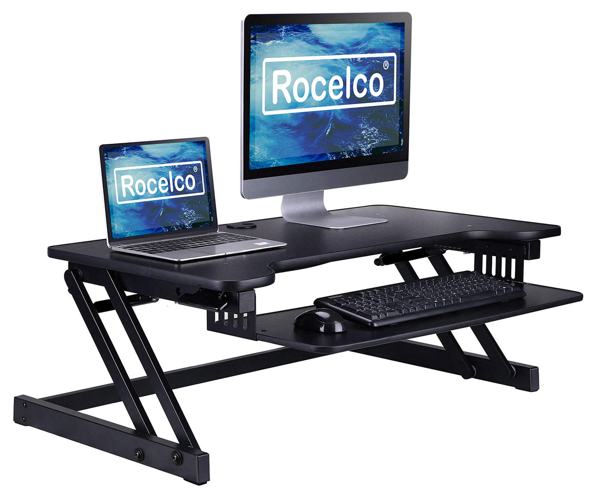 Rocelco 37.5&quot; Deluxe Height Adjustable Standing Desk Converter - Quick Sit Stand Up Dual Monitor Riser - Gas Spring Assist Computer Workstation - Large Retractable Keyboard Tray - Black (R DADRB)