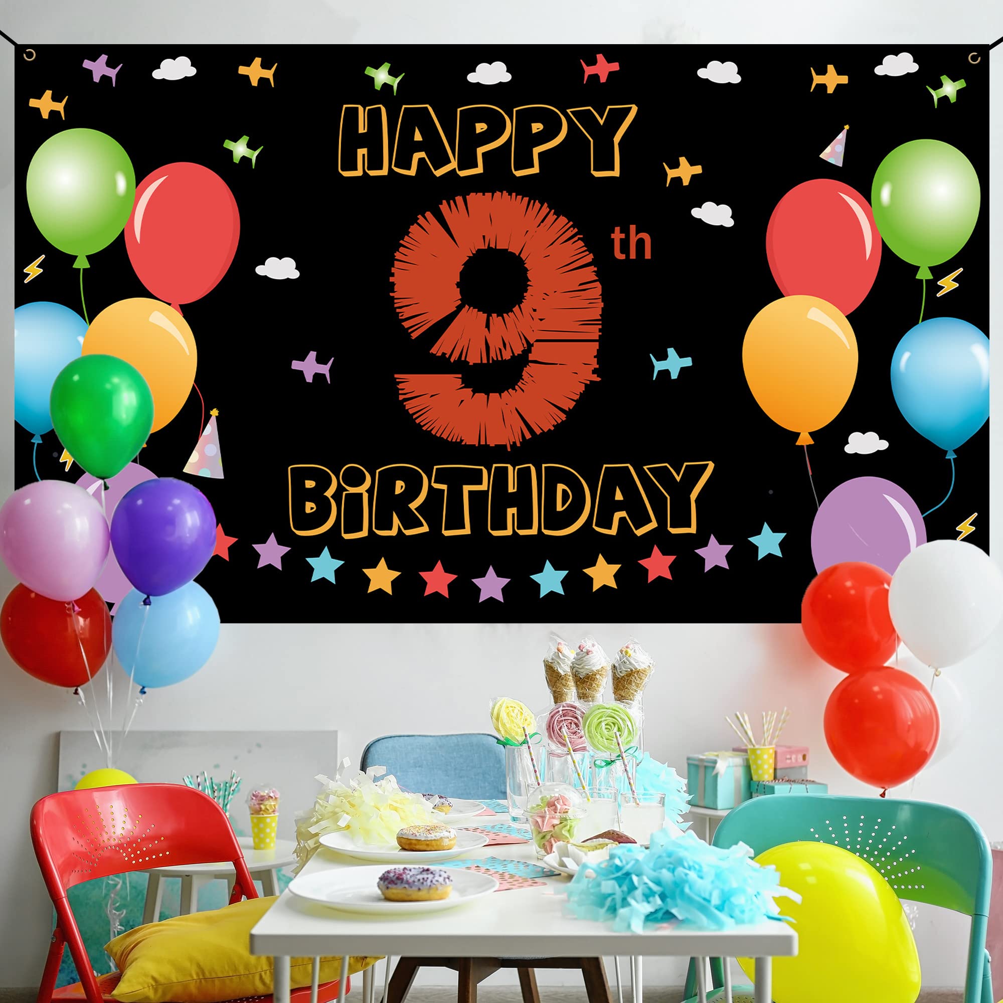9Th Birthday Backdrop Banner, Happy 9Th Birthday Decorations For Girls Boys, 9 Year Old Birthday Yard Sign, Colorful Ninth Birth