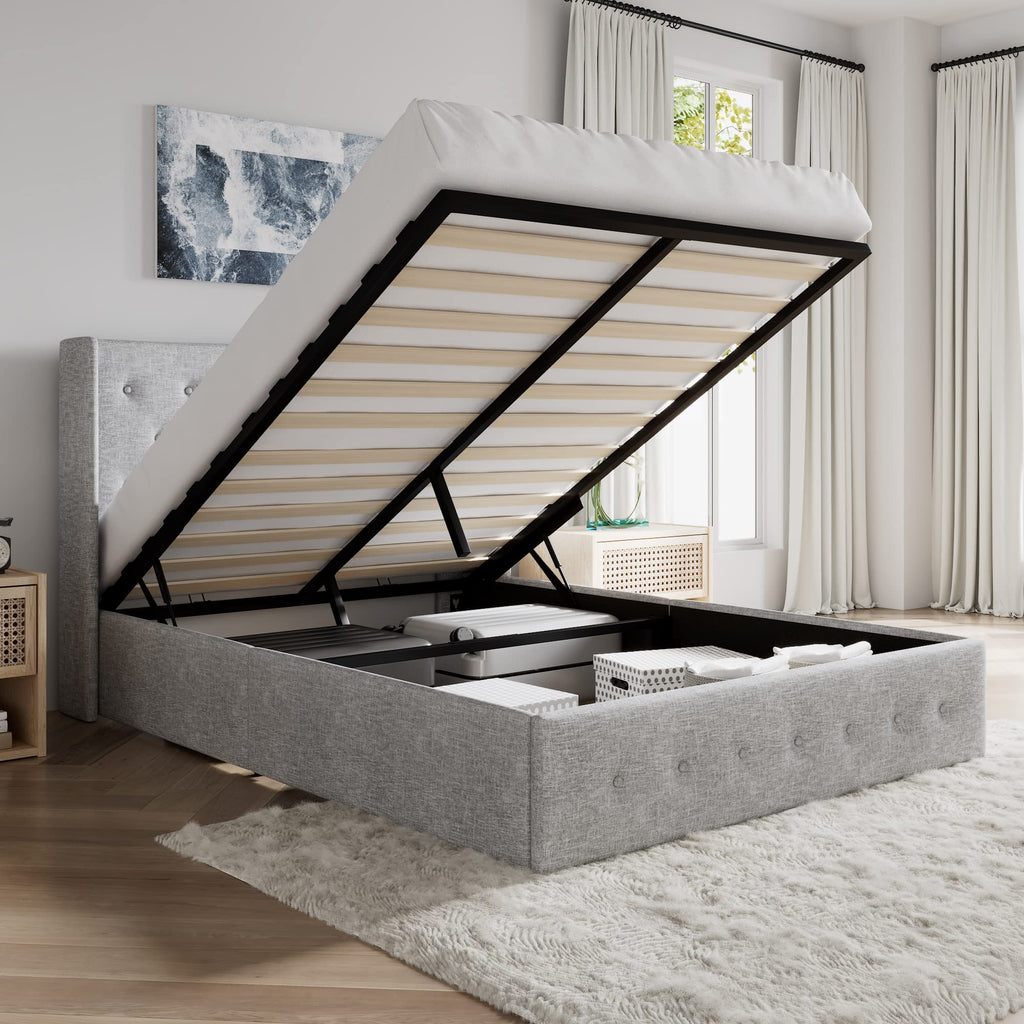 Sha Cerlin Full Size Lift Up Storage Bed/Button Tufted Wingback Headboard/Hydraulic Storage/Upholstered Platform Bed Frame/No Box Spring Needed/Wood Slats Support/Light Grey