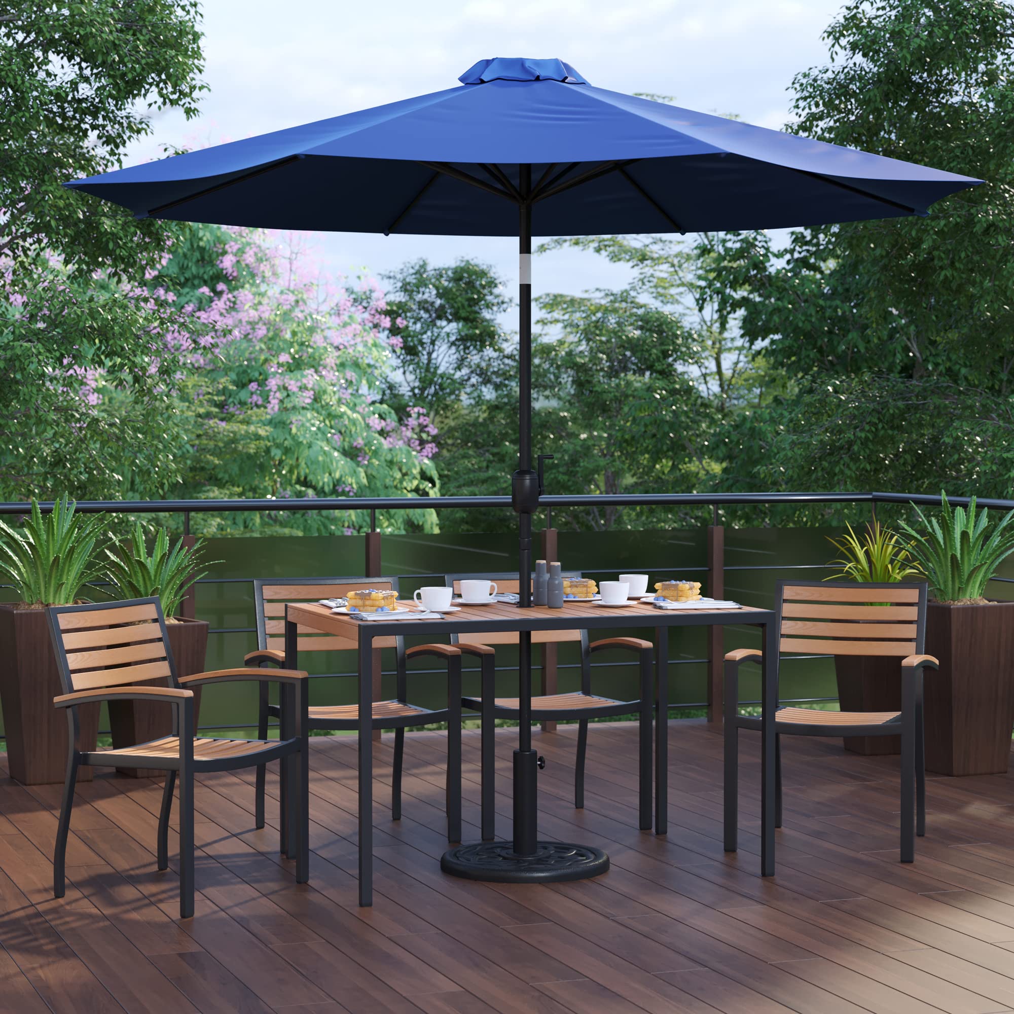 Flash Furniture Lark 7 Piece Outdoor Patio Dining Table Set - 4 Synthetic Teak Stackable Chairs with Arms - 30&quot; x 48&quot; Table - Navy Umbrella with Base