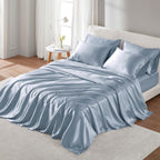 Madison Park Essentials Satin Sheets Twin Size, Luxurious Silky Satin Bed Sheets, Elastic 14' Pocket Fits Up To 16' Mattress, Wrinkle-Free, Soft Satin Bed Sheet Set, Blue 4 Piece