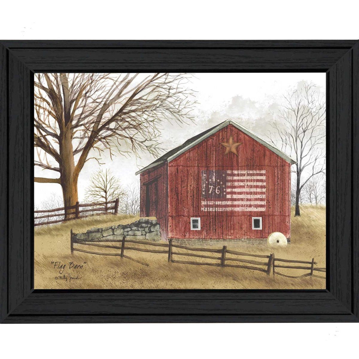 Red White and Blue Bicentennial Flag on Barn Black Framed Print Wall Art