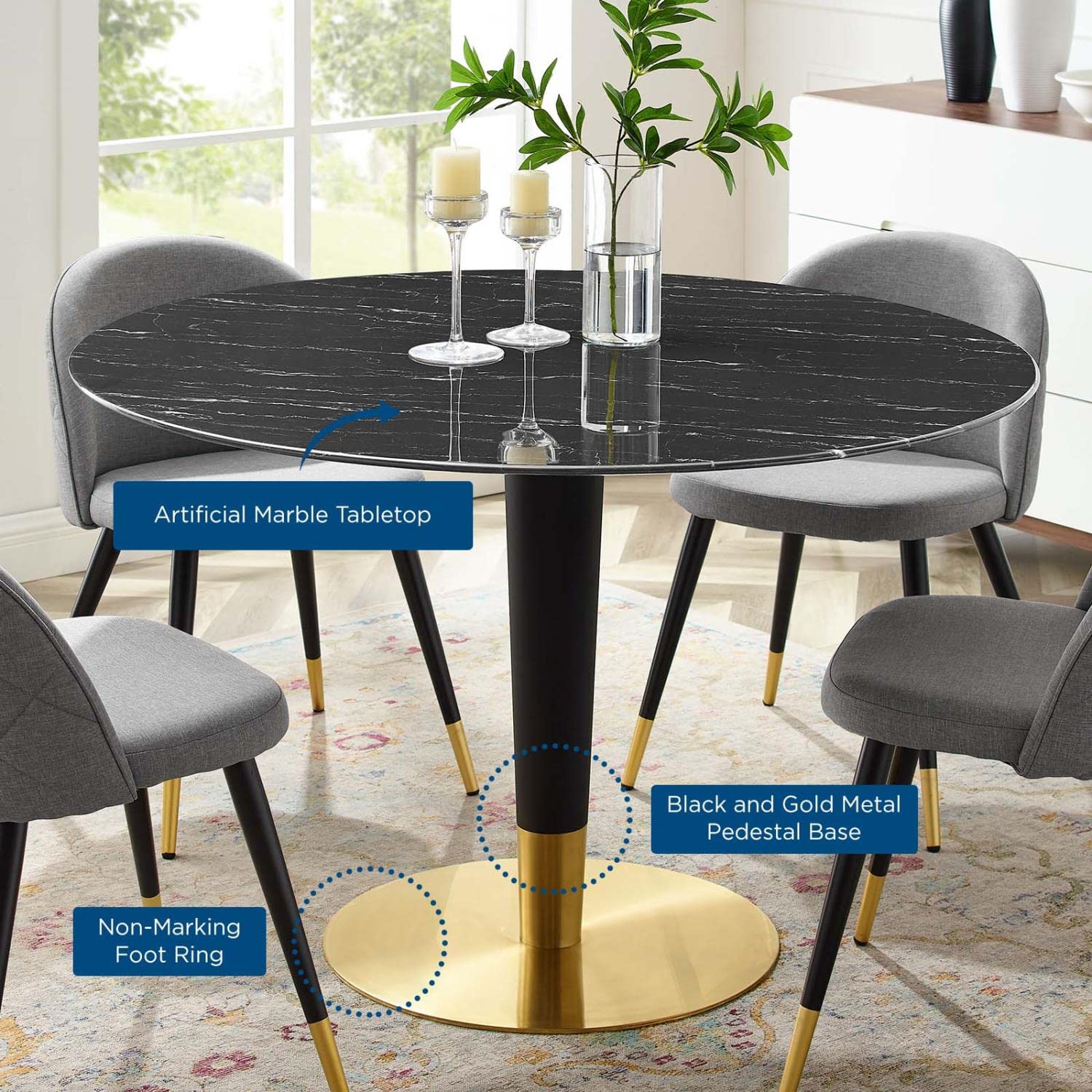 Modway Zinque Artificial Marble Dining Table, 47 Inch, Gold Black