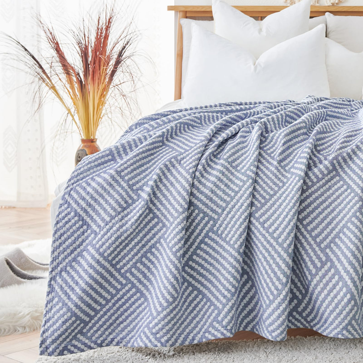 Jinchan Boho 100% Cotton Throw Blanket Blue Muslin 50X60 Inches Throw Blanket For Couch Soft Cozy Quilted Throw Blanket For Bed