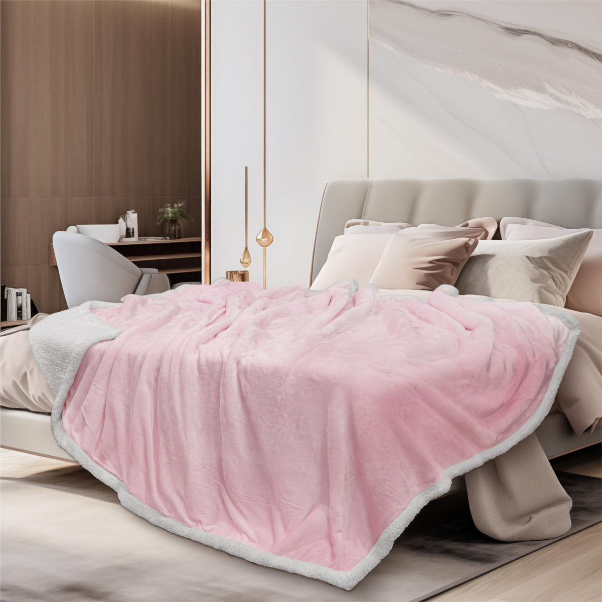 Pavilia Light Pink Sherpa Fleece Throw Blanket For Couch Twin, Soft Thick Bed Blanket Sofa, Cozy Warm Throw Blanket All Season,