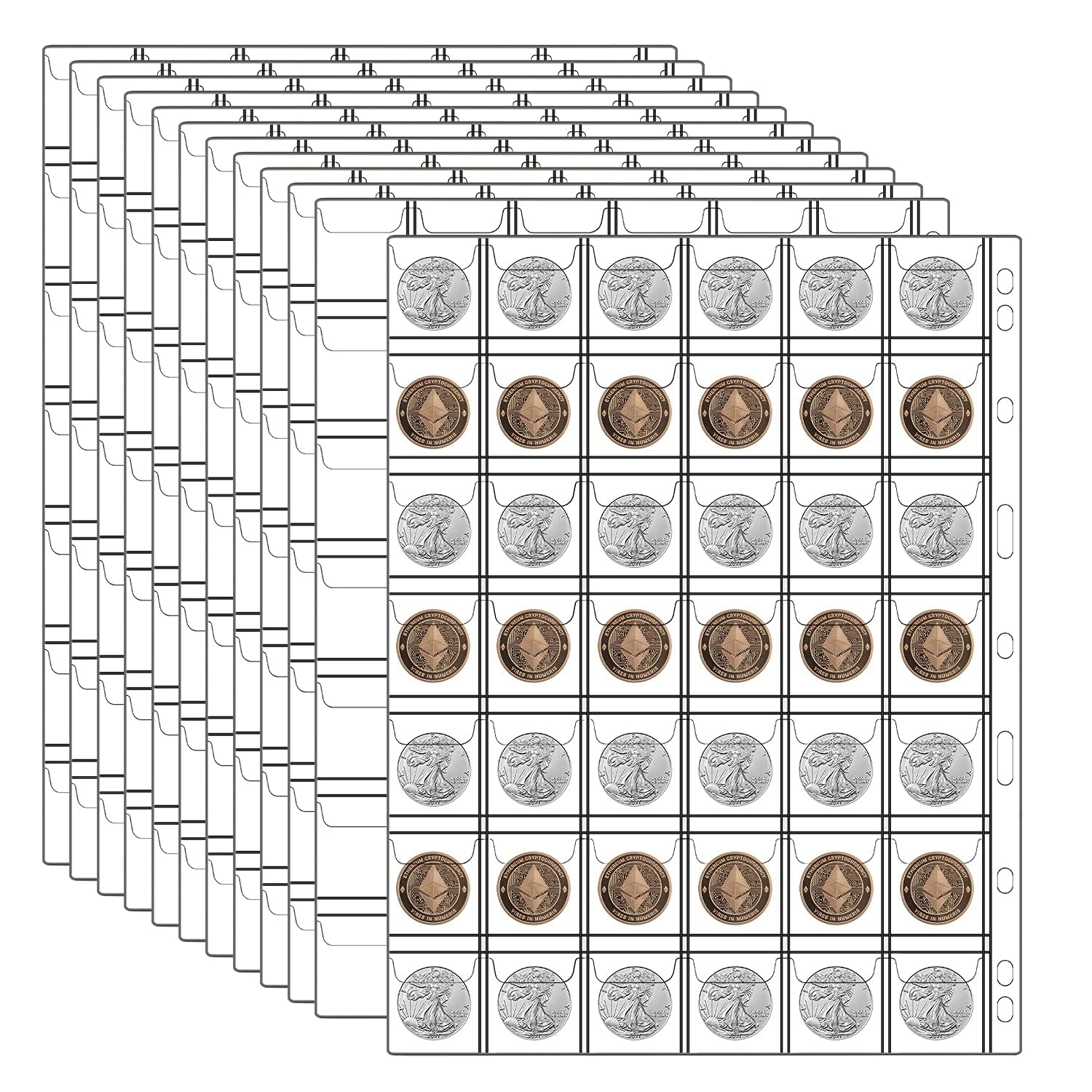 12 Sheets Coin Collection Supplies Pages, Collecting Book Album Protectors Sleeves With Standard 9 Hole For Coin Binder, Currenc