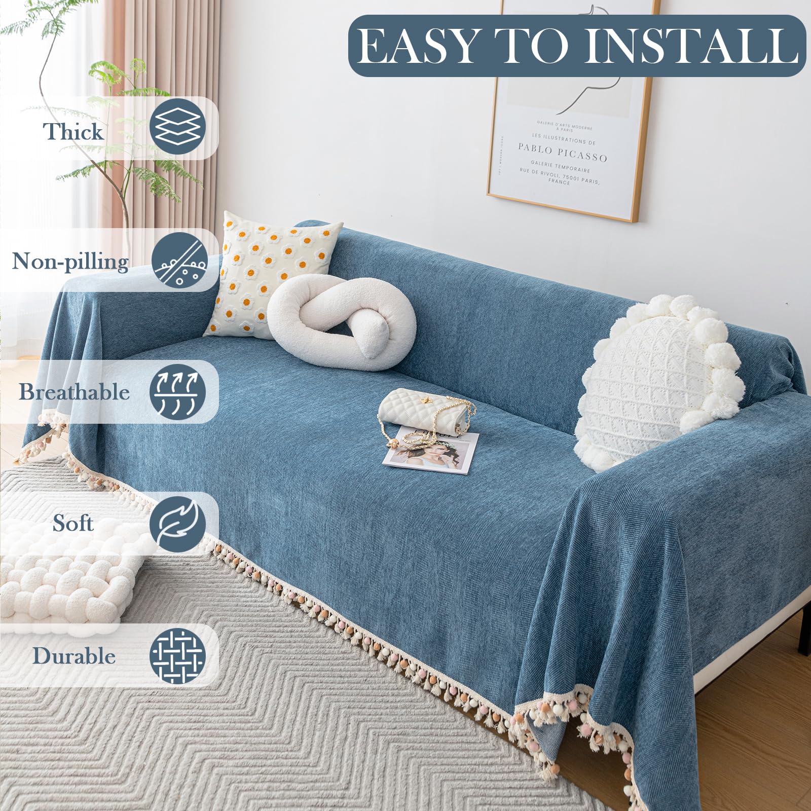 Handontime Couch Slipcover Dog Sofa Covers Boho Couch Cover For Dogs Blue Sofa Throw Cover Bohemian Sofa Covers For 3 Cushion Couch Herringbone Sectional Couch Cover Slipcovers For Sofas, 71' X134'
