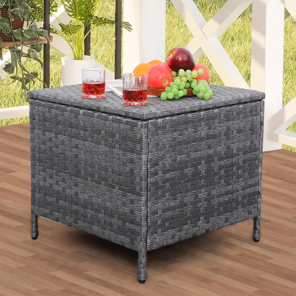 Lviden Outdoor Wicker Storage Side Table, Patio Grey Pe Rattan End Table With Storage, Square Container For Furniture Covers, To