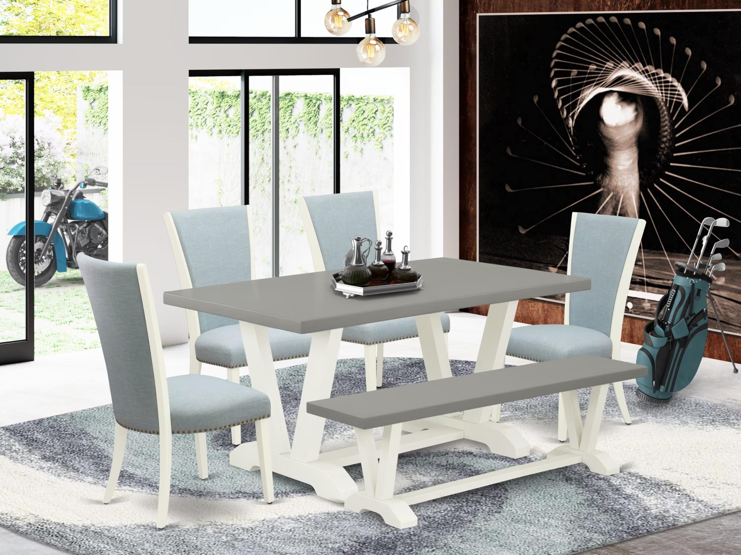 East West Furniture V096VE215-6 6 Piece Dining Table Set Contains a Rectangle Dining Room Table and 4 Baby Blue Linen Fabric Parson Chairs with a Bench, 36x60 Inch, Multi-Color
