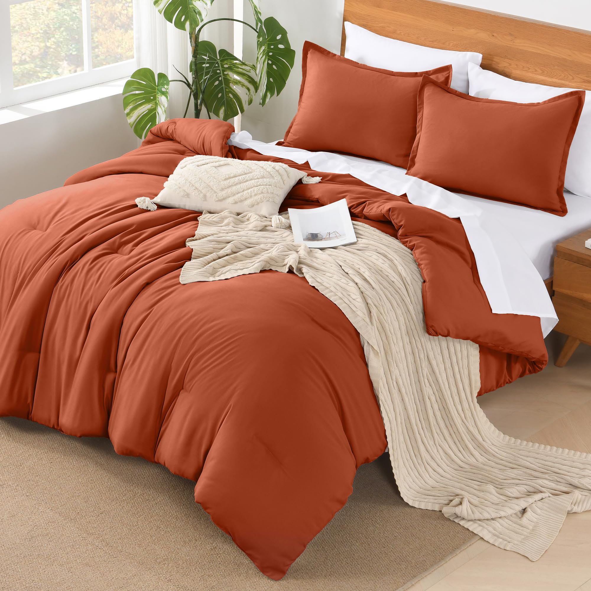 Andency Burnt Orange King Size Comforter Set - 7 Pieces Terracotta Bed In A Bag King Bedding Comforter Sets, Summer Solid Soft Lightweight Comforter With Sheets, Pillowcases & Shams