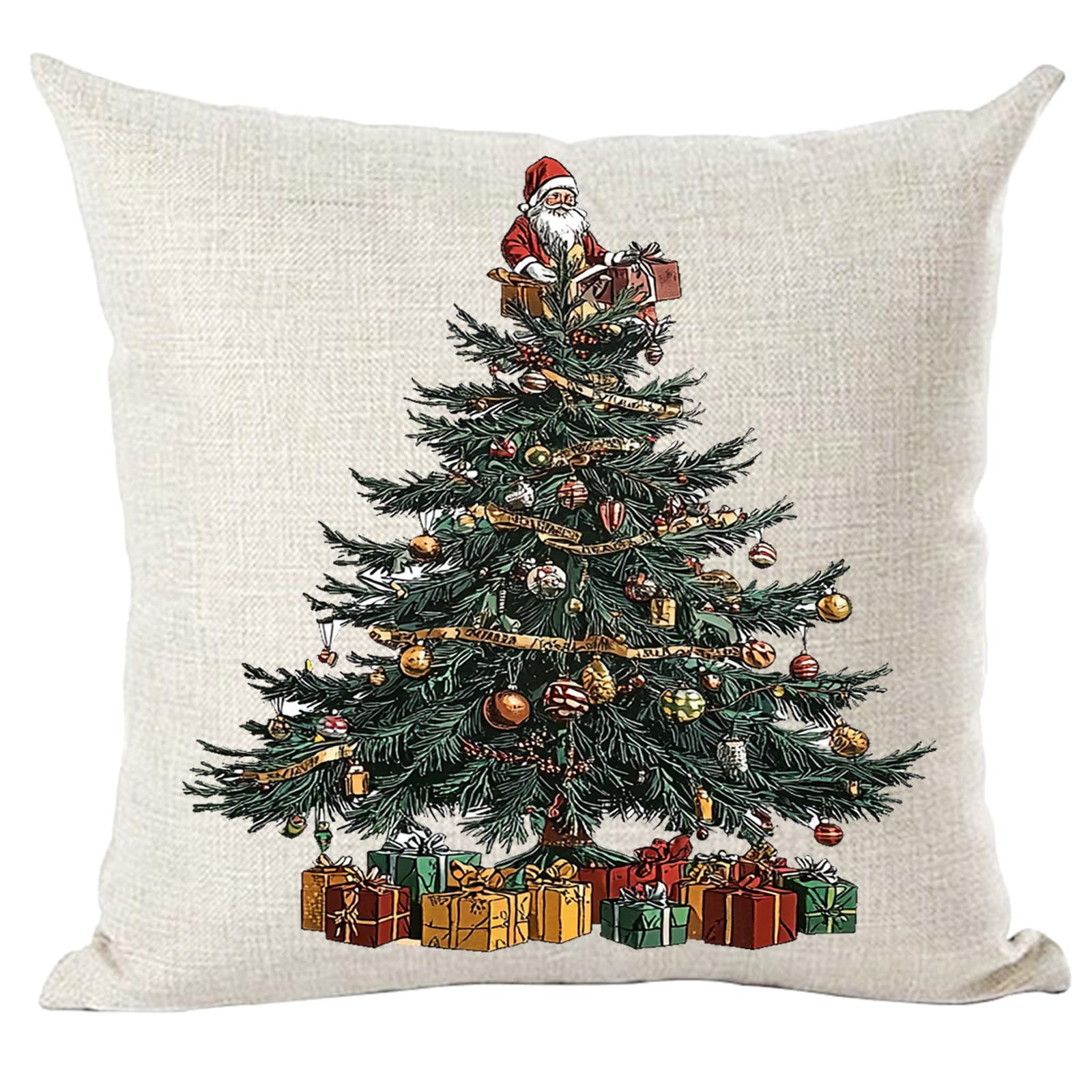 Ramirar Merry Christmas Happy New Year Retro Green Pine Tree Balloons Birds Dolls Gifts Decorative Throw Pillow Cover Case Home