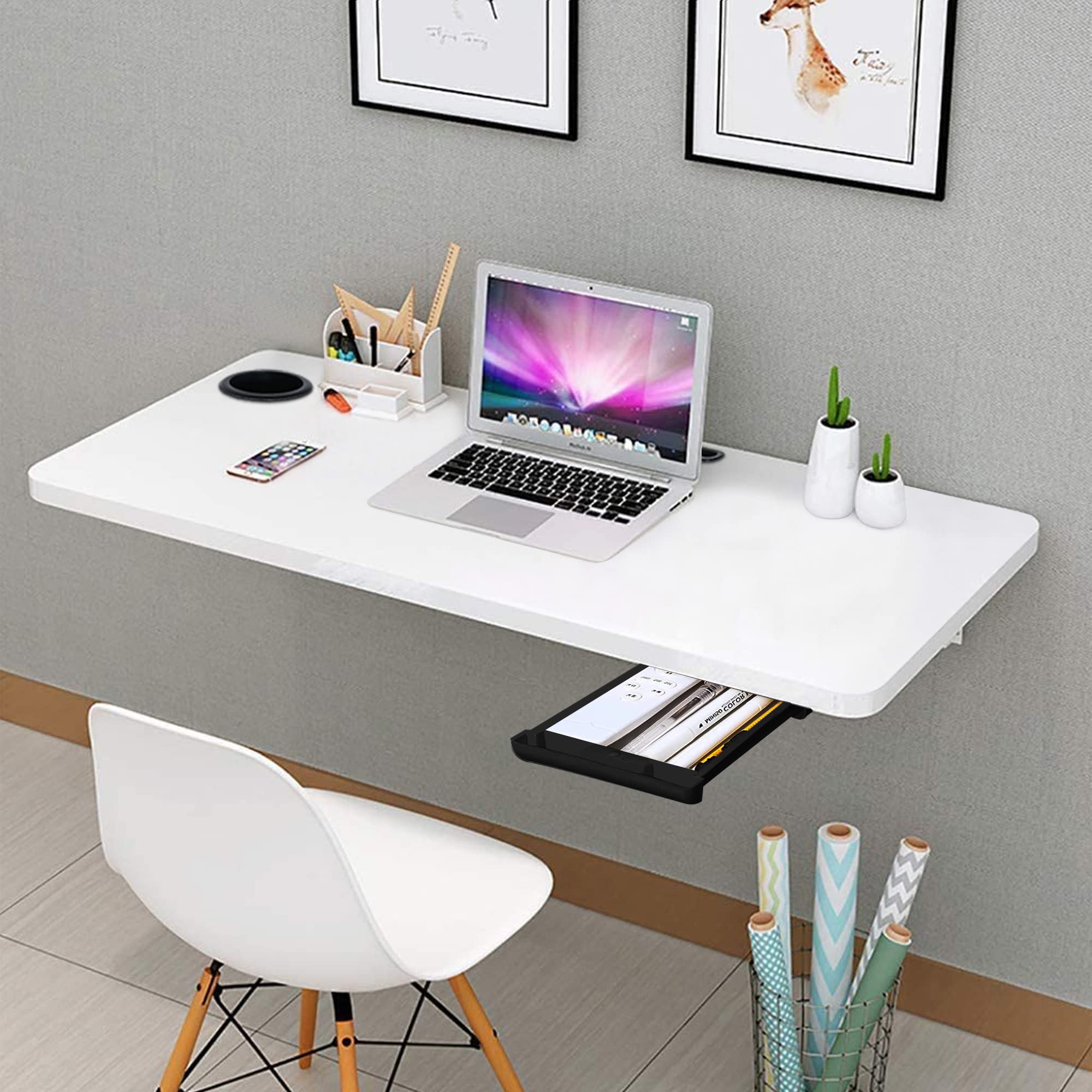 QARA (31 x 18.5 inches Wood Wall Mounted Round Corner Folding wall Study Table with Cup Holder | Wall Mount Table with Drawer | 
