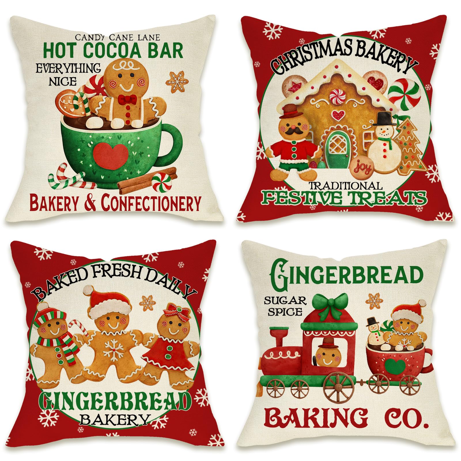 Fahrendom Christmas Gingerbread Man House Decorative Throw Pillow Cover 16X16 Set Of 4, Xmas Bakery Hot Cocoa Porch Patio Outdoo