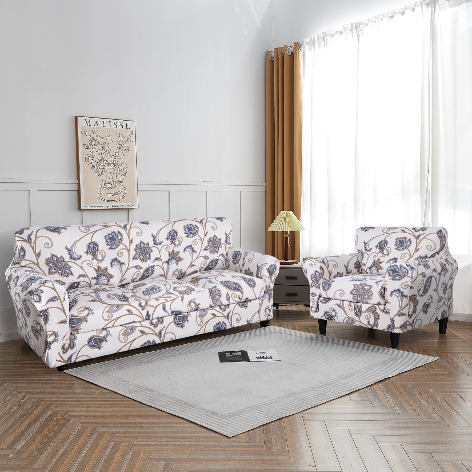 Searchi Stretch Sofa Cover Printed Couch Cover, Floral Pattern 4 Pieces Sofa Slipcover With 3 Separate Cushion Cover, Washable Furniture Protector For Living Room(Sofa, Love Flower)