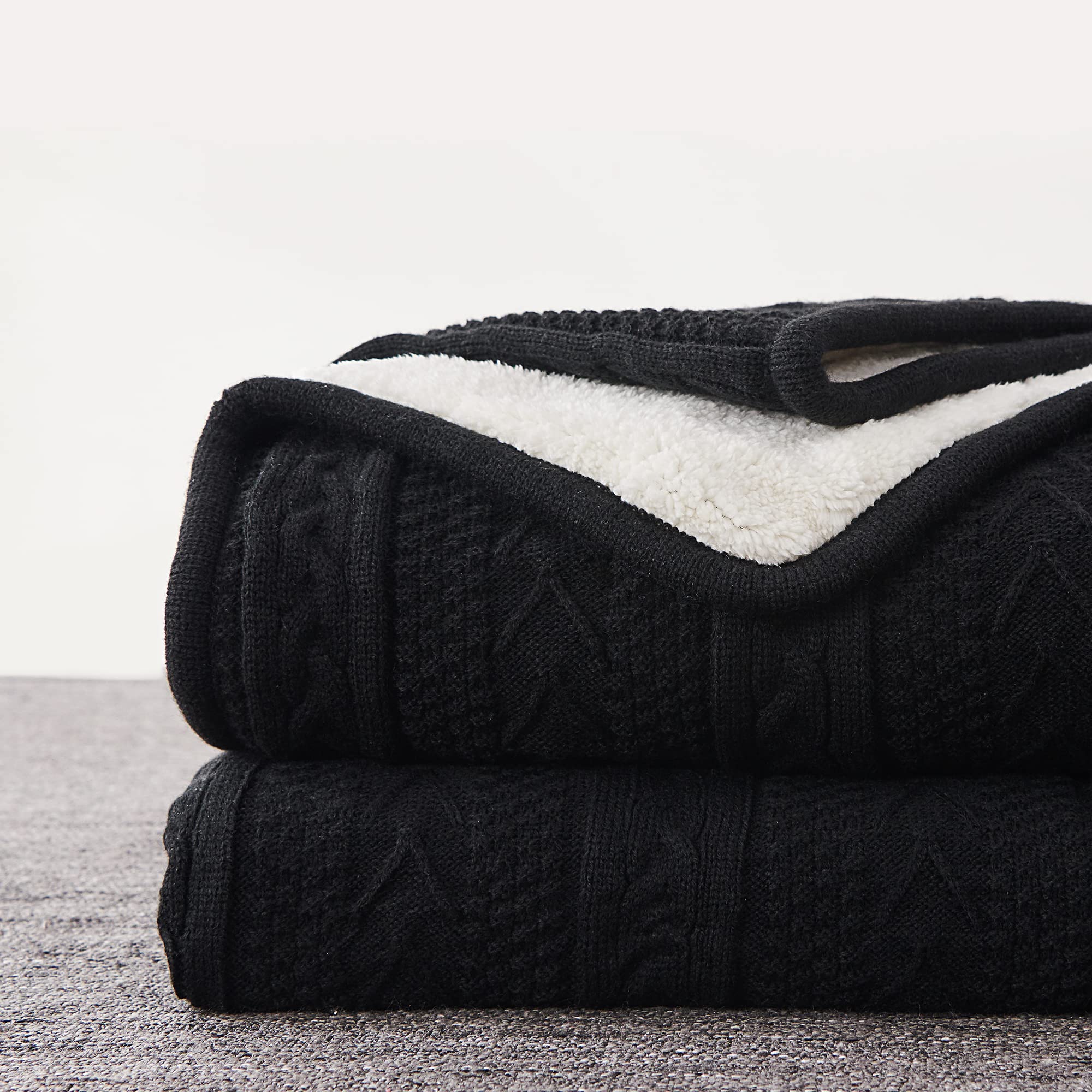 Longhui Bedding Black 50 X 63 Inches Acrylic Cable Knit Sherpa Throw Blanket - Thick, Soft, Big, Cozy Knitted Fleece Blankets Fo