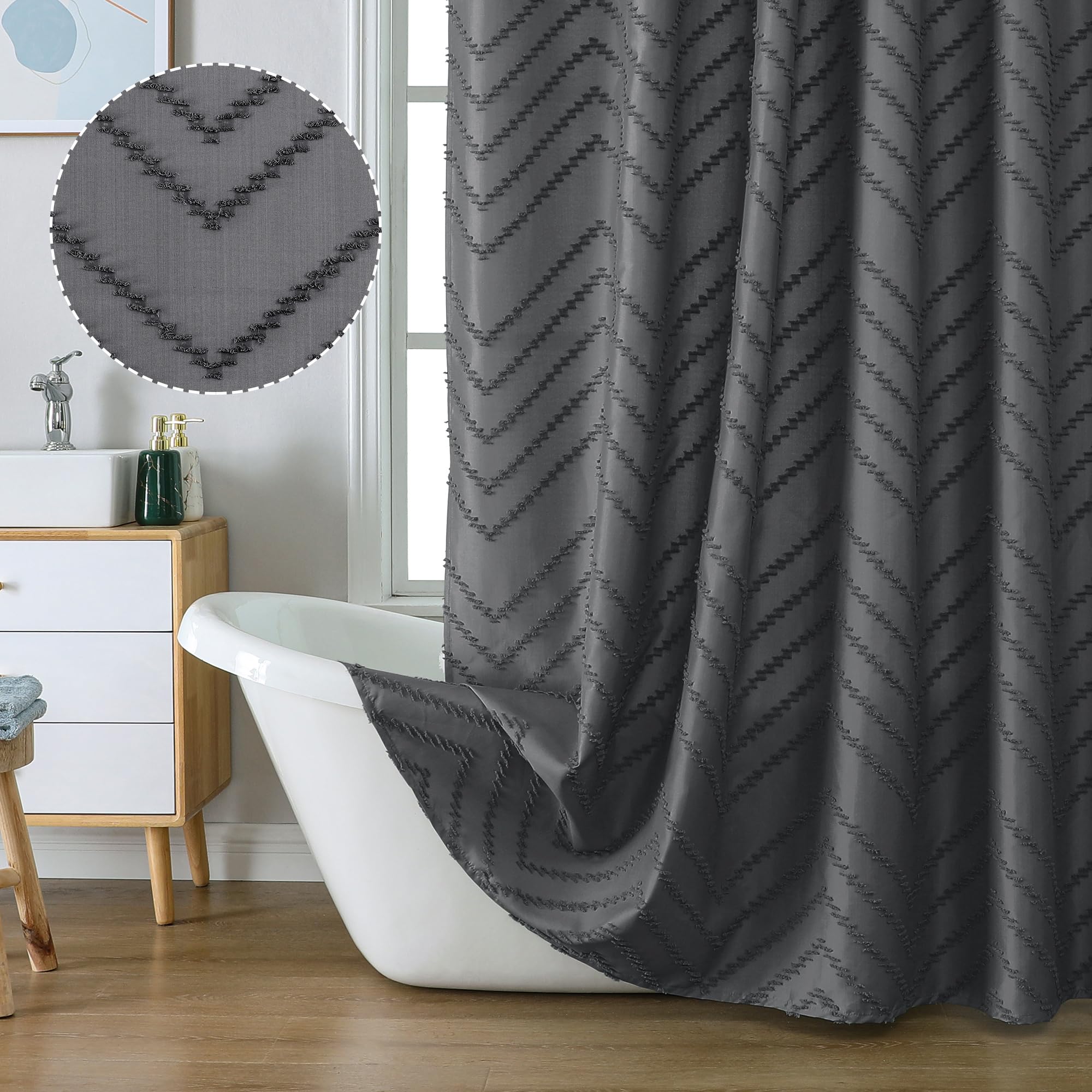 Chyhomenyc Chevron Extra Long Grey Boho Shower Curtain Set 72X78 Inches, Fabric Shower Curtain Modern Farmhouse Chic Textured Tu
