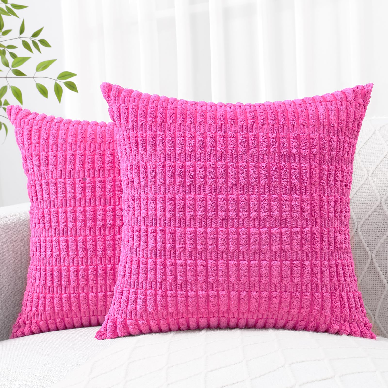 Decoruhome Hot Pink Decorative Throw Pillow Covers 24X24 Set Of 2, Soft Corduroy Striped Square Pillow Covers For Couch Living Room Bed Sofa