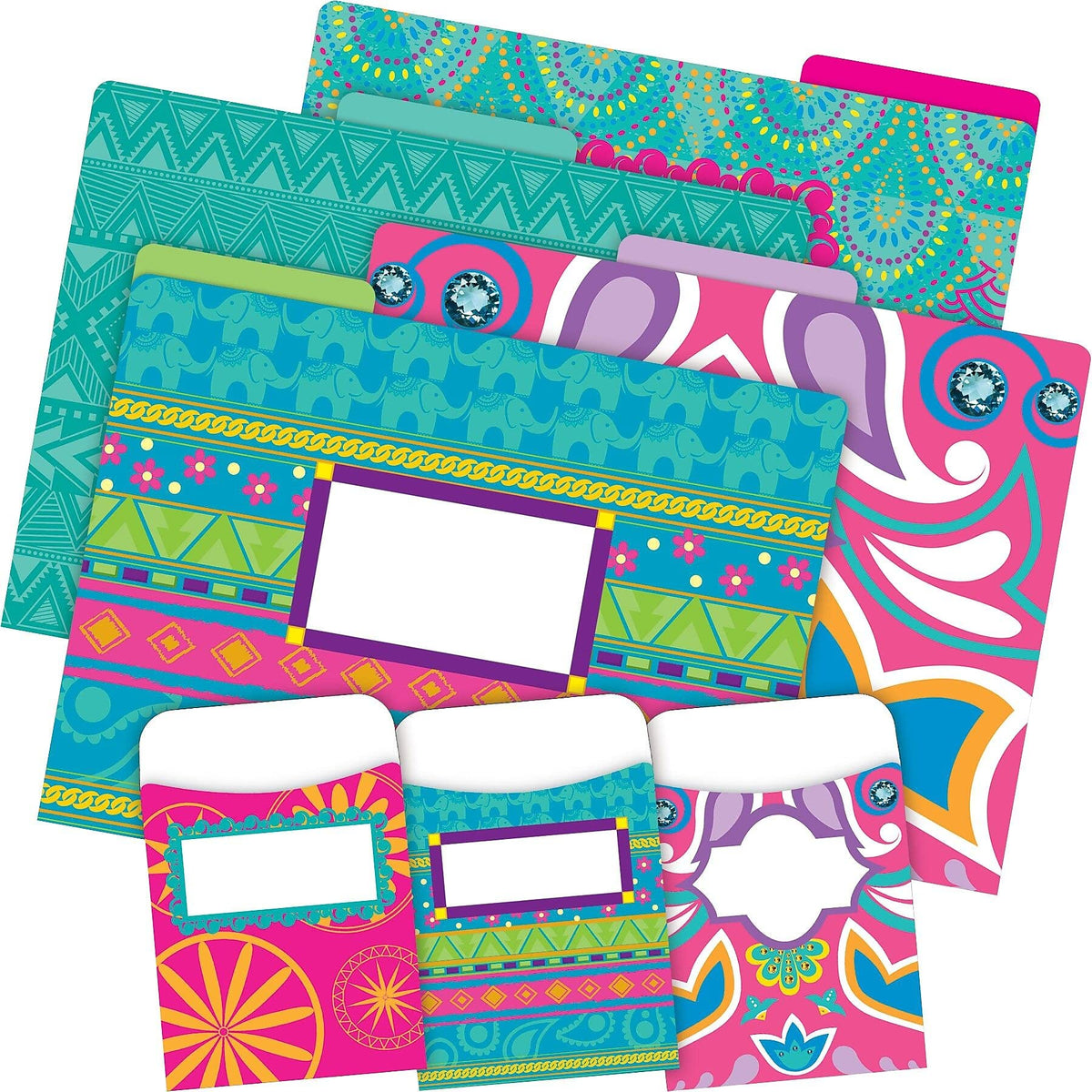 Barker Creek Designer File Folder And Library Pocket Set, Bohemian, 12 Colorful File Folders And 30 Coordinating Peel & Stick Li