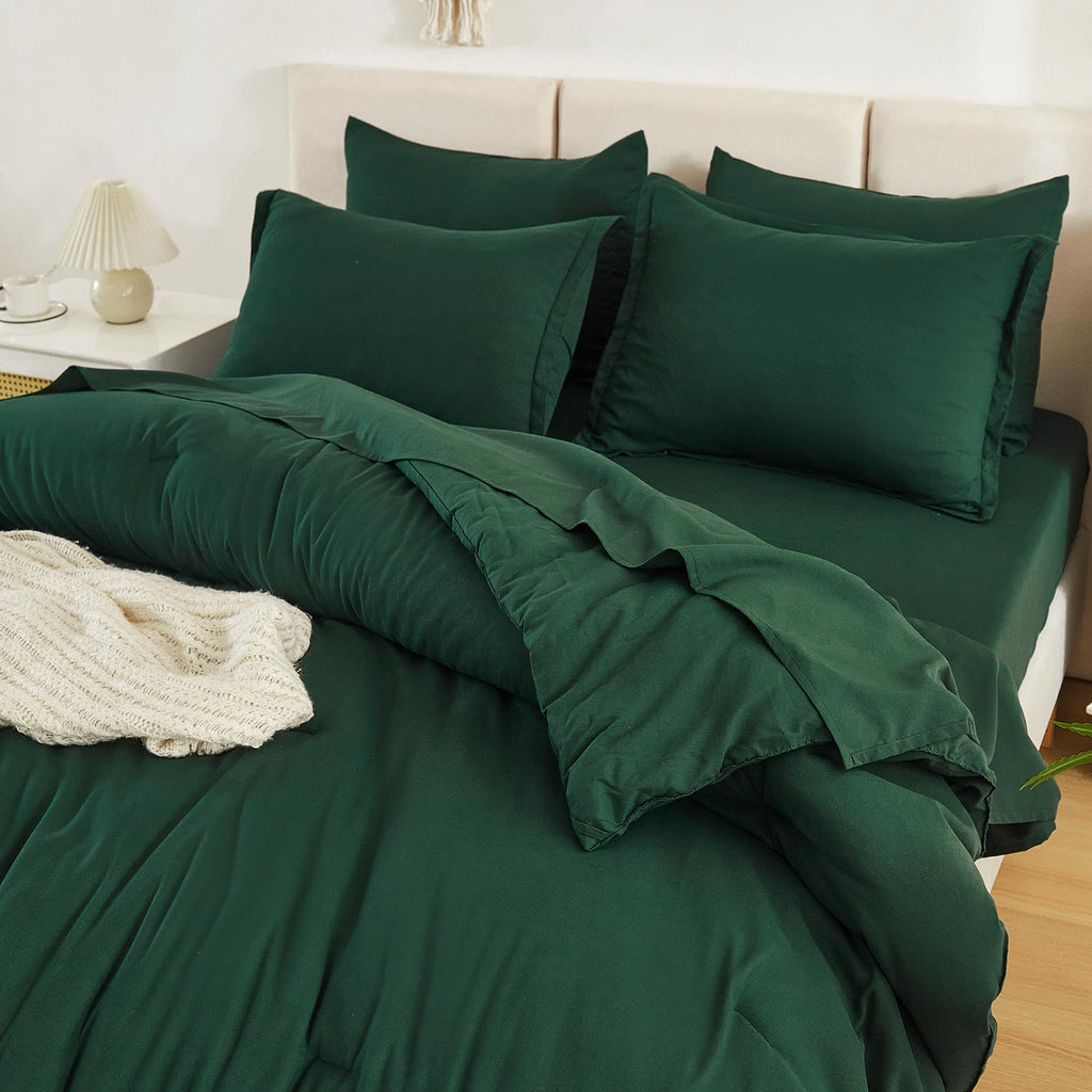 Litanika California King Comforter Set Dark Emerald Green - 7 Pieces Bed In A Bag Cal King Beddding Comforter Sets, Plain Lightw