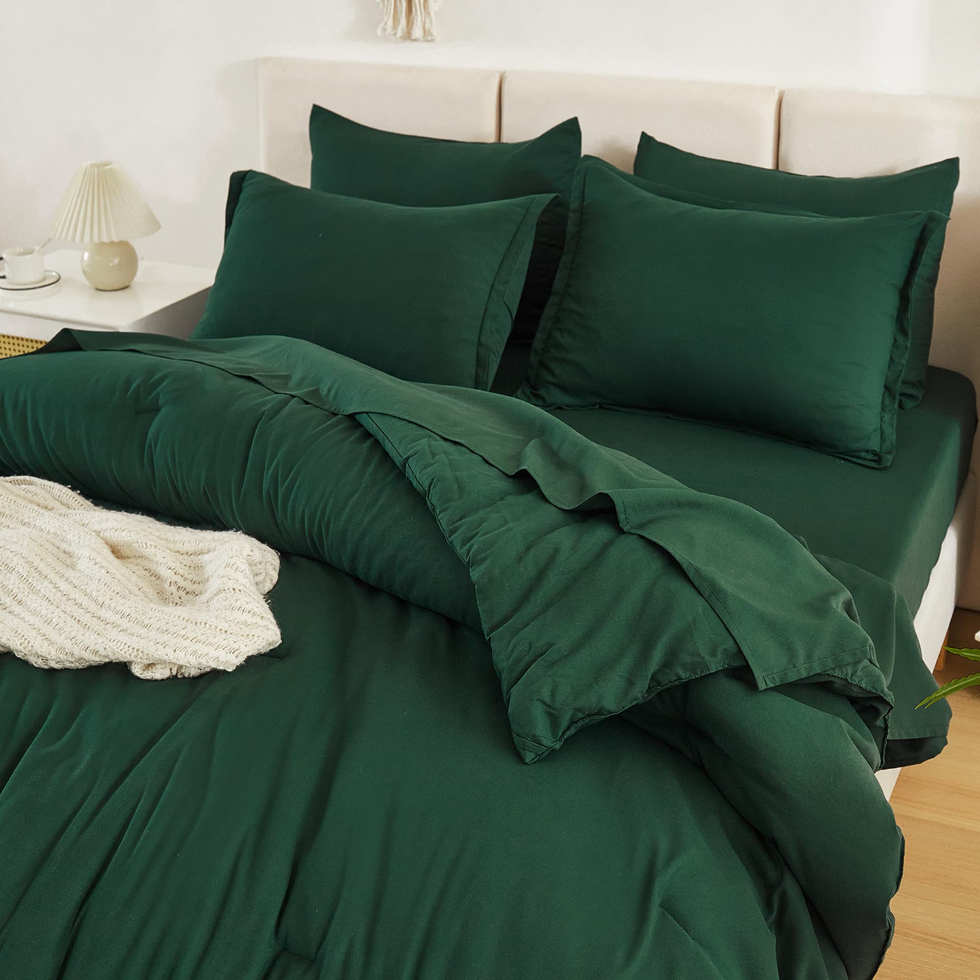 Litanika California King Comforter Set Dark Emerald Green - 7 Pieces Bed In A Bag Cal King Beddding Comforter Sets, Plain Lightw