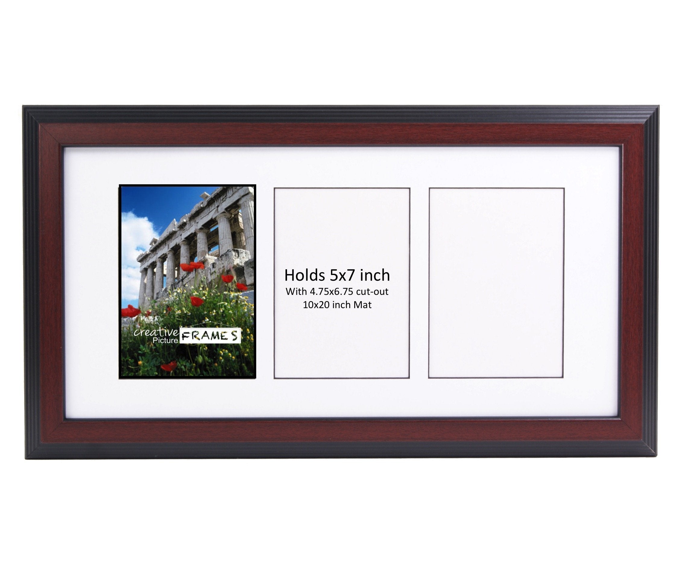 CreativePF- 3 Opening Glass Face Mahogany Picture Frame to hold 5 by 7 inch Photographs including 10x20-inch White Mat Collage