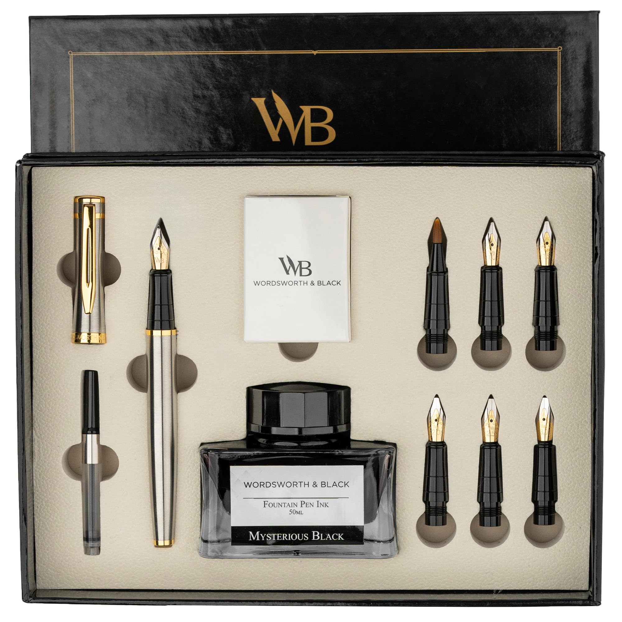 Wordsworth & Black Calligraphy Pen Gift Set, Includes Ink Bottle, 6 Ink Cartridges, Ink Refill Converter, 6 Replacement Nibs, Pr