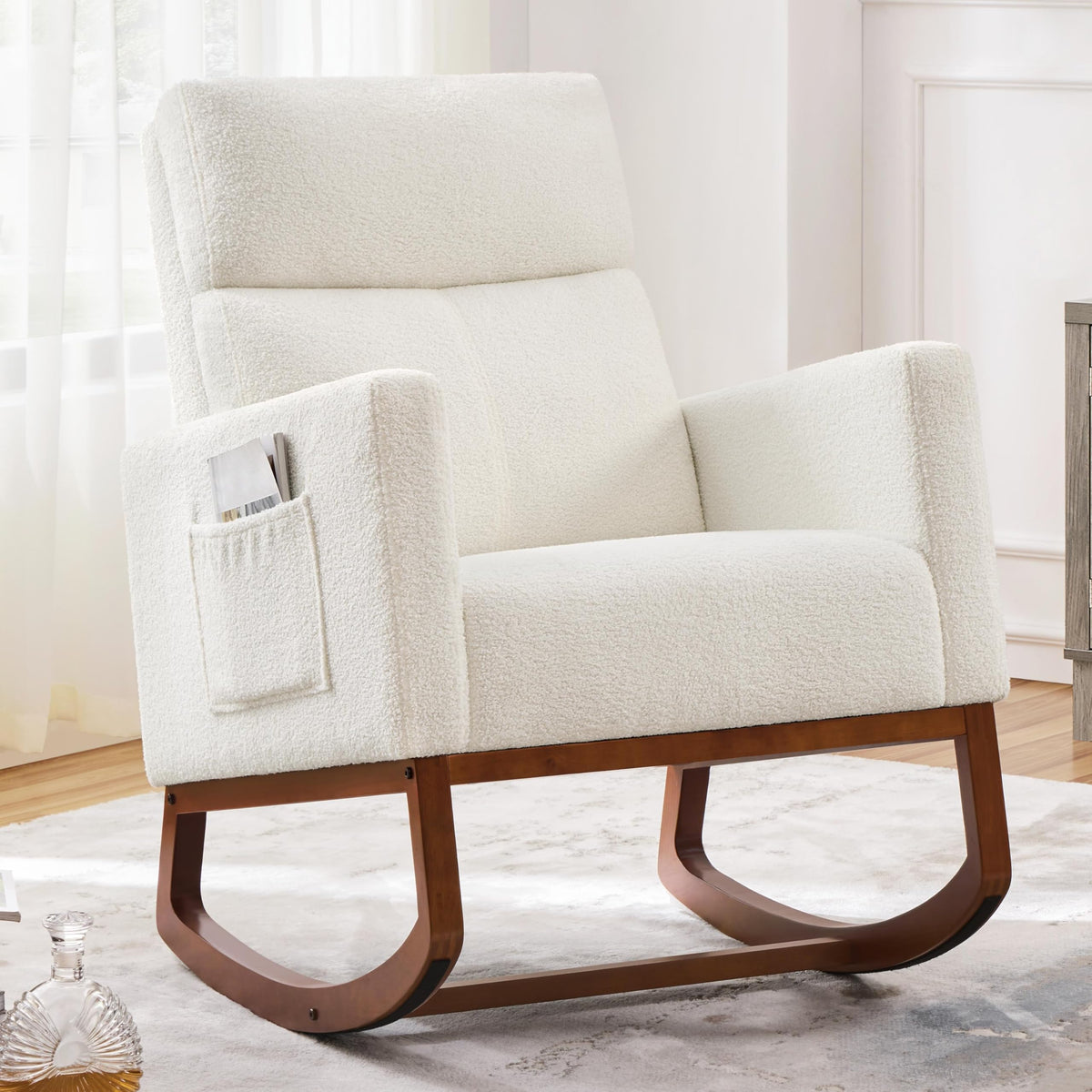 Yaheetech Upholstered Rocking Chair, Boucle Glider Chair Nursery Chair with High Back and Side Pocket, Rocking Accent Armchair w