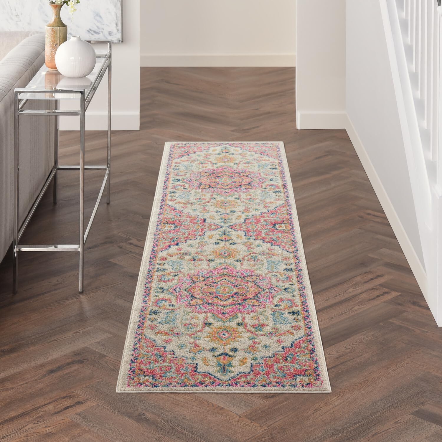 Nourison Passion Ivory/Pink 1'10' X 6' Area Rug, Boho, Moroccan, Bed Room, Living Room, Dining Room, Kitchen, Easy Cleaning, No