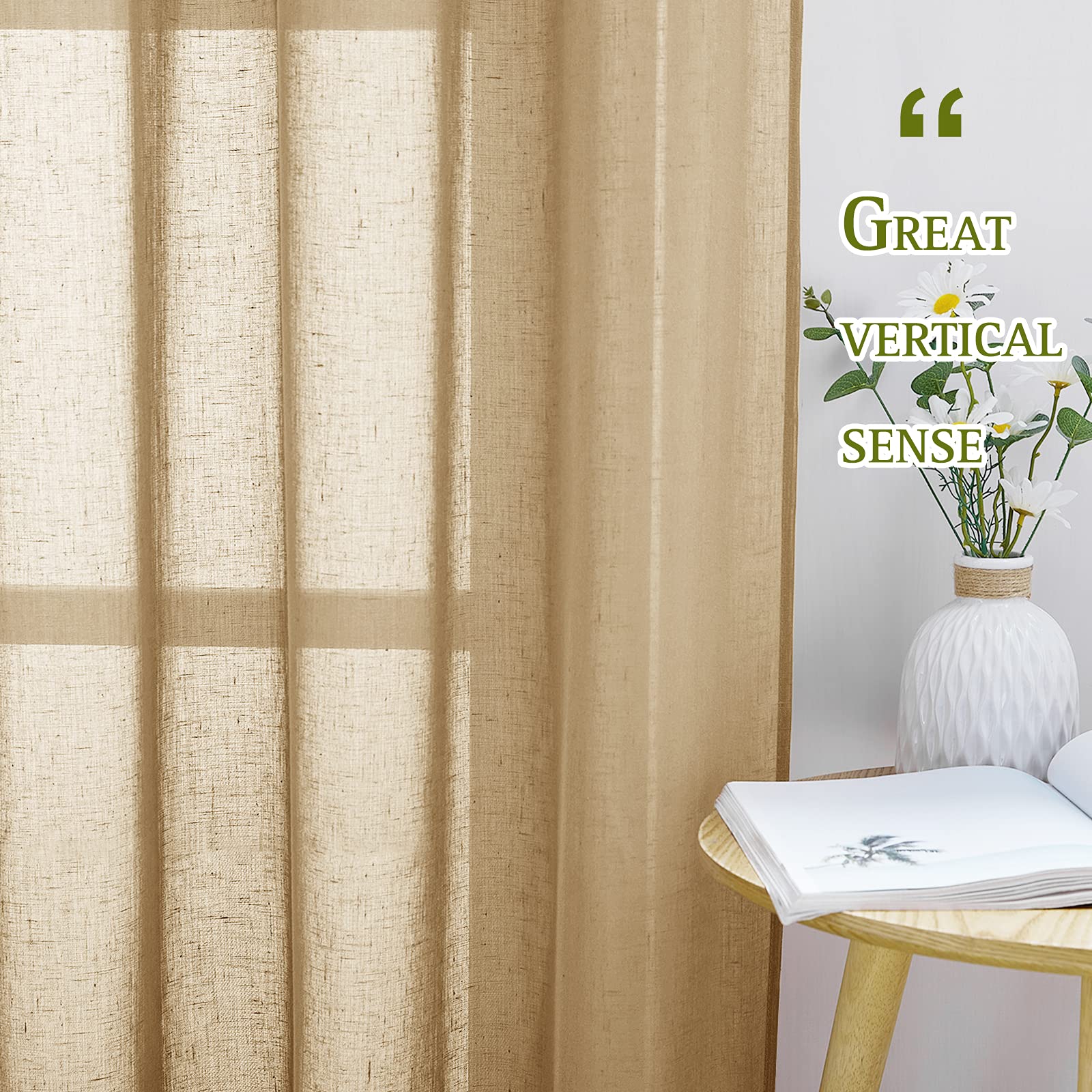 Nicetown Natural Linen Blend Semi Sheer Curtains, Grommet Top Bedroom Window Privacy With Light Penetration Flax Sheer Drapes Fo