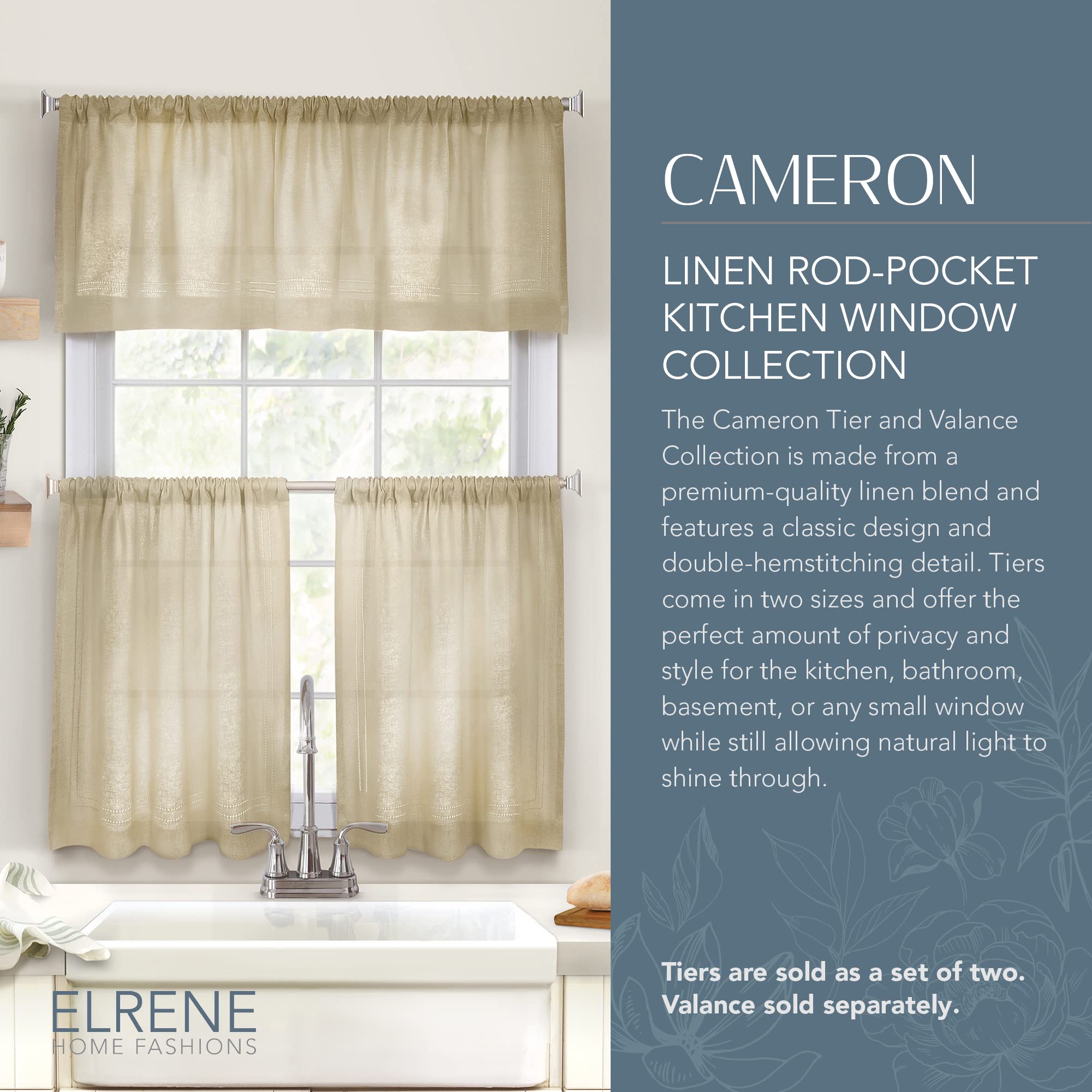 Elrene Home Fashions Cameron Linen Tier Curtains, 30'' W X 24'' L Each (Set Of 2 Tiers), Linen