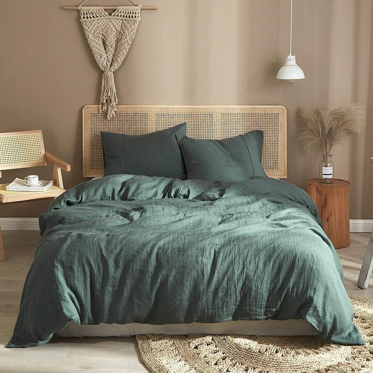 Ivellow Green Linen Duvet Cover Set 100% Washed French Flax Pure Linen Duvet Covers California King Soft Natural Breathable Dura