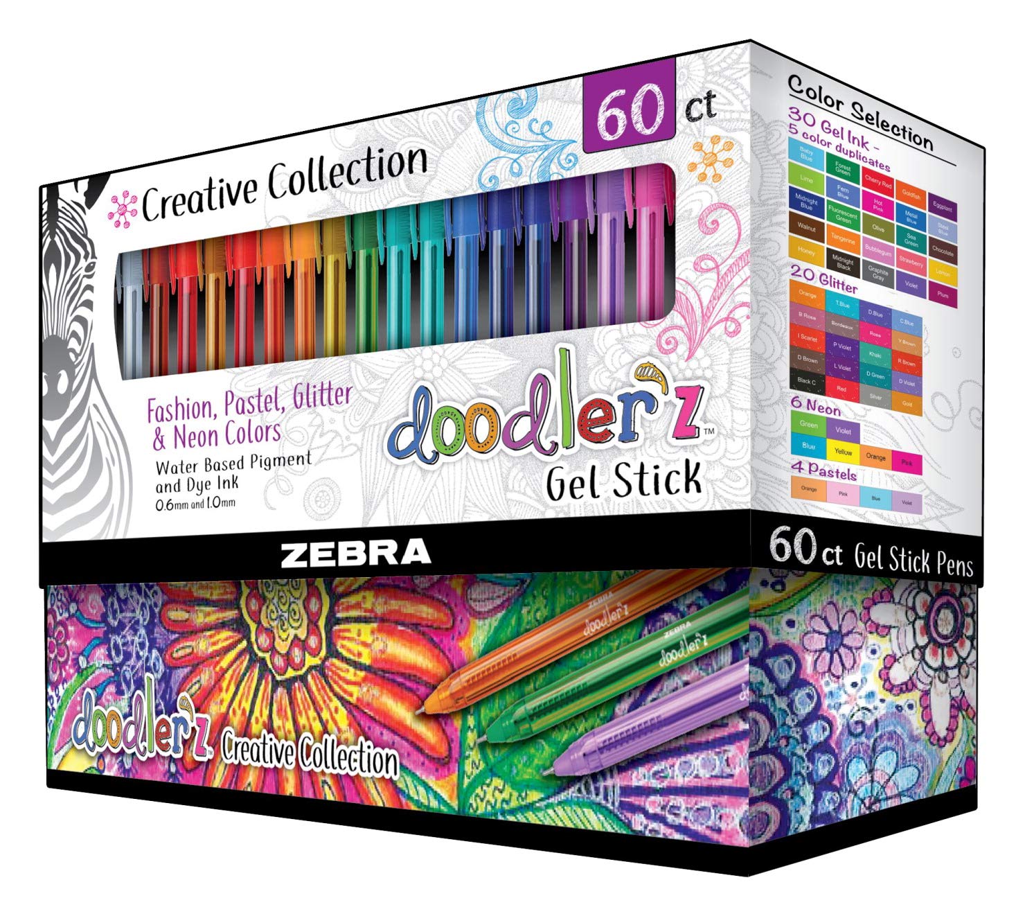 Zebra Pen Doodlerz Gel Stick Pen Mega Set, Bold Point, 1.0Mm, Assorted Glitter, Neon, Metallic, Pastel Colors, 60 Pack (41960) -