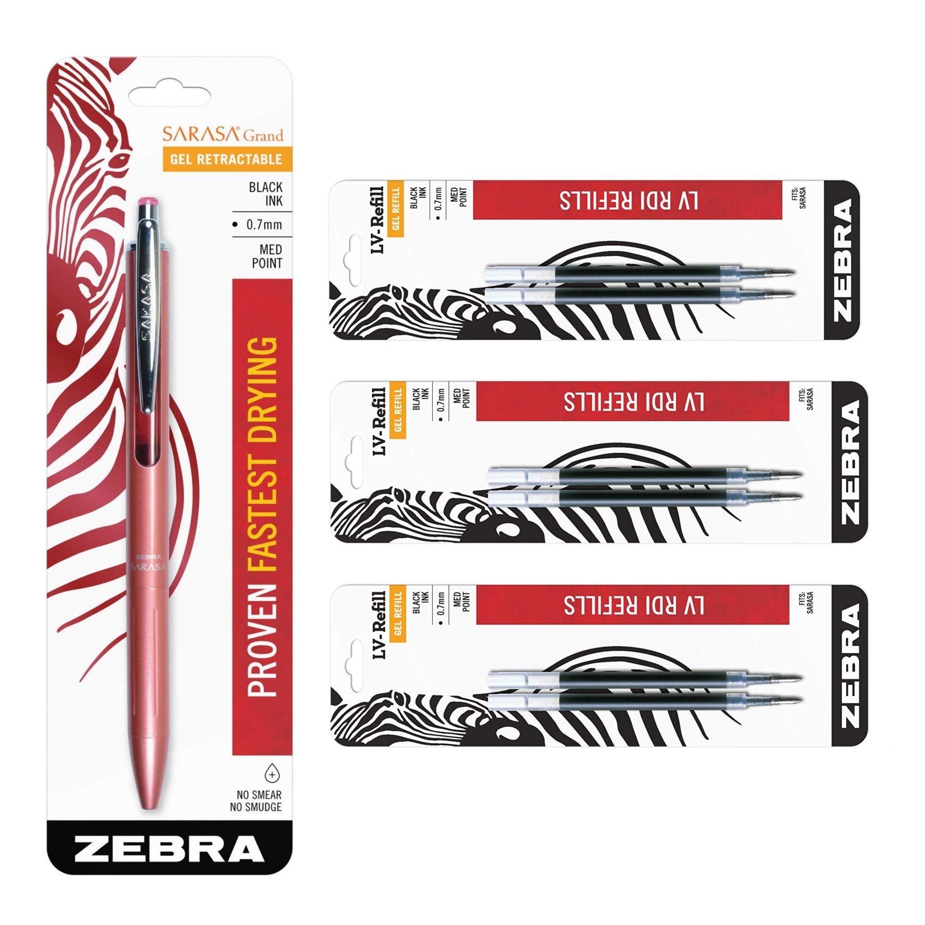 Zebra Sarasa Grand, Retractable Gel Ink Pen, Rose Gold Barrel, Medium Point, 0.7Mm, Black Ink, 1-Count Bundle With 6 Refills