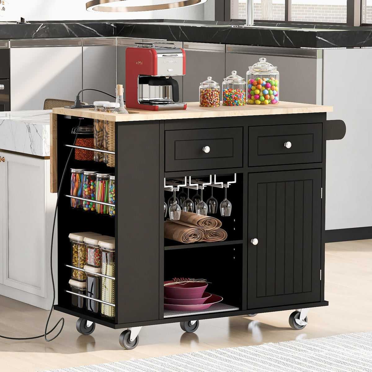 Lumisol Kitchen Island Cart On Wheels With Power Outlet, Rolling Kitchen Cart With Drop Leaf And Wine Rack, For Kitchen Living R