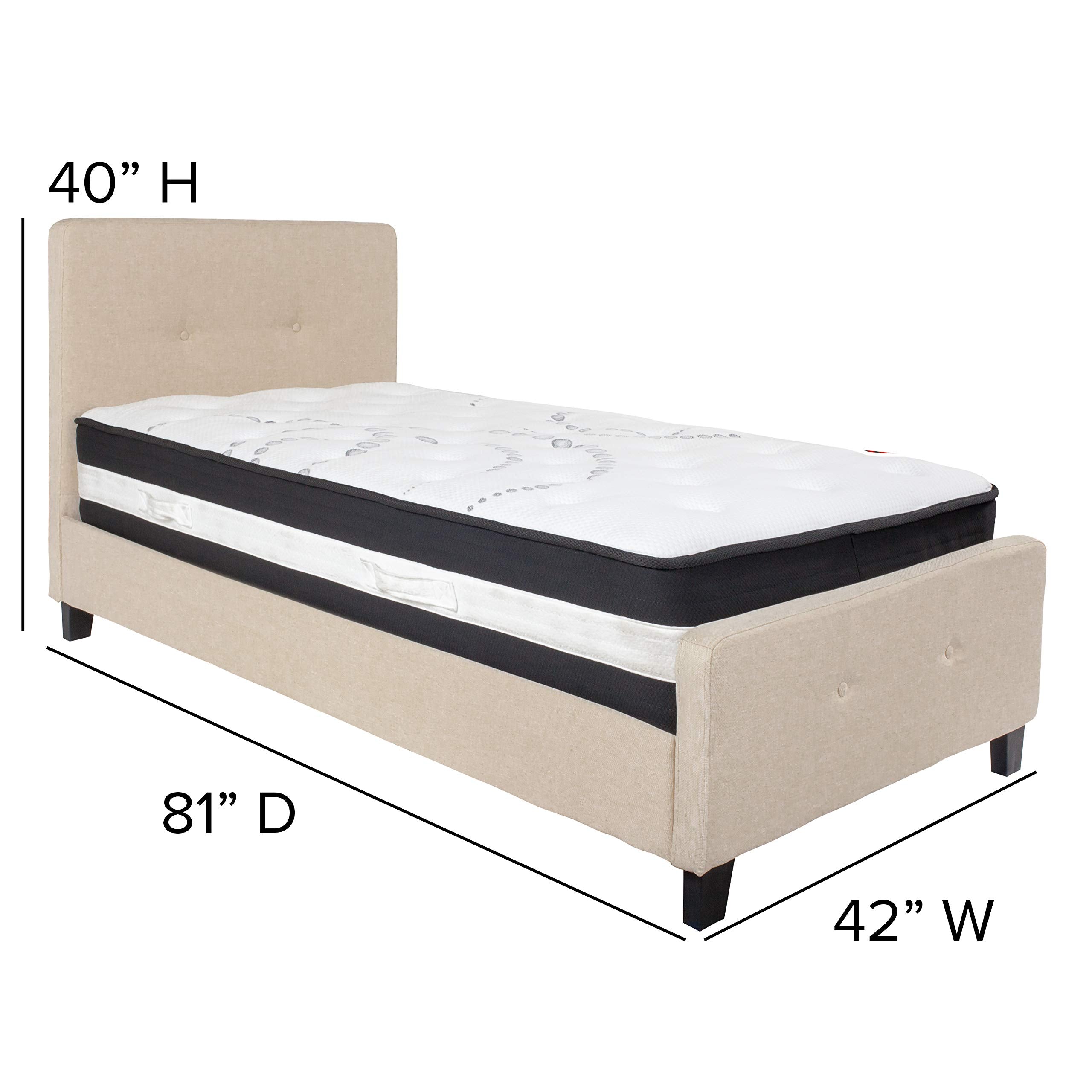 Flash Furniture Tribeca Twin Size Tufted Upholstered Platform Bed In Beige Fabric With Pocket Spring Mattress