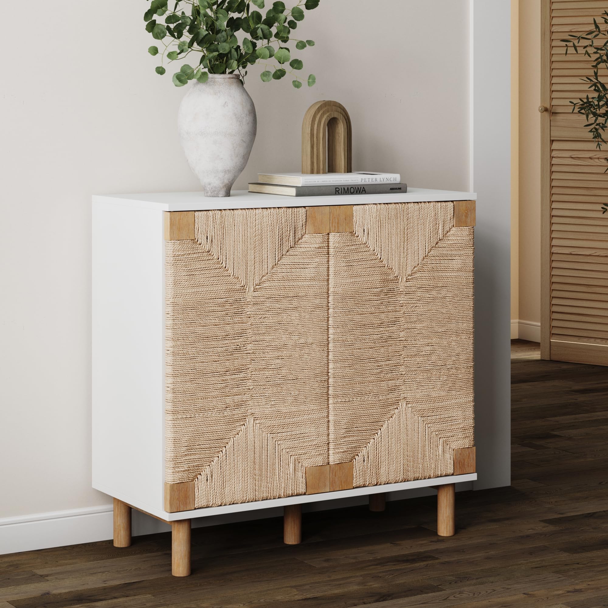 Nathan James Beacon Accent Natural Sideboard Storage Cabinet With Adjustable Interior Shelf And Seagrass Doors, For Hallway, Entryway Or Dining Room, Light Brown/White