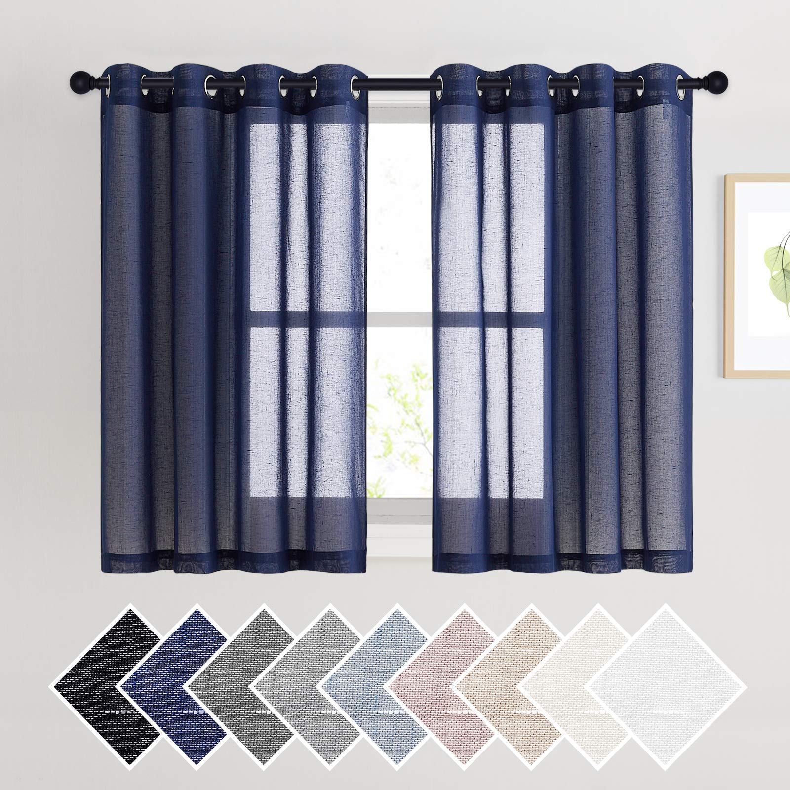 Nicetown Dark Blue Flax Sheer Linen Curtains For Windows, Grommet Top 45' Length Natural Linen Blend Sheer Drapes Semitranspare