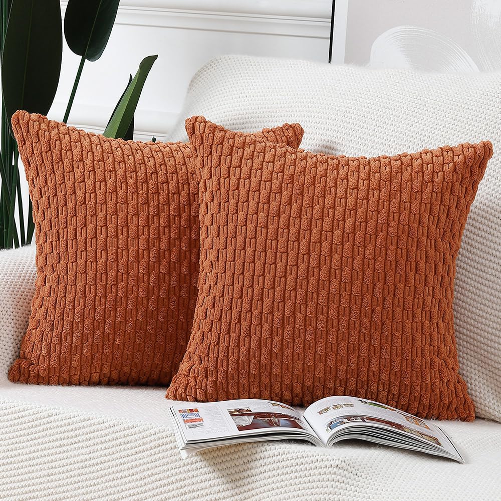 Madizz Pack Of 2 Boho Corduroy Striped Throw Pillow Covers 18X18 Inch Rust Soft Decorative Cushion Cover For Bedroom Sofa Pillow