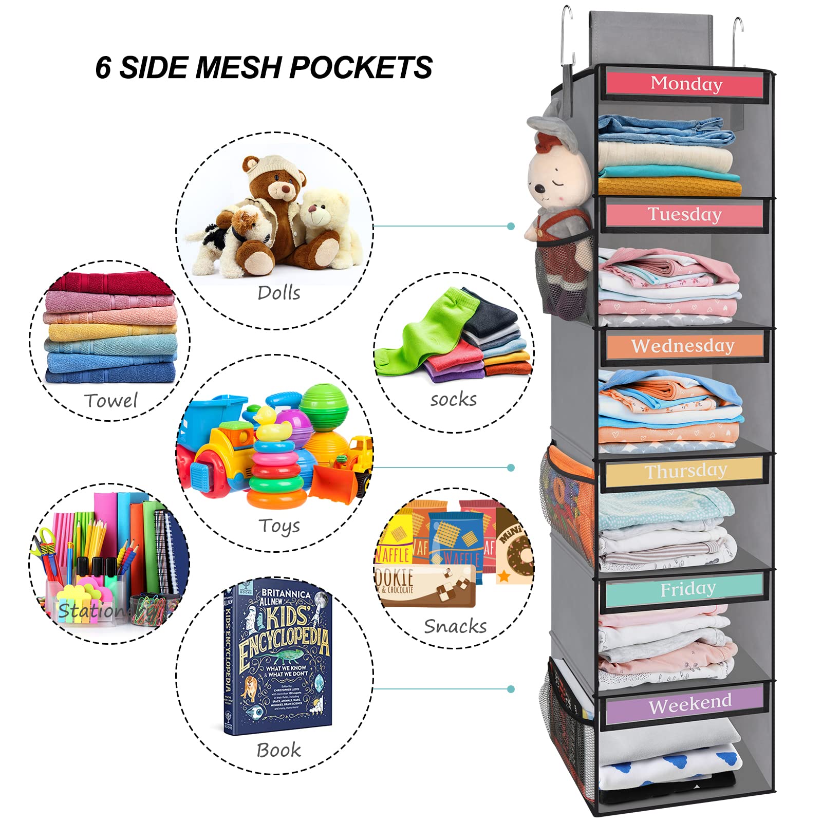 Fixwal 6-Shelf Weekly Hanging Closet Organizer For Kids With 6 Side Pockets, Weekday Kids Clothes Organizers Monday Through Frid