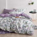 Mixinni Garden Style Purple Floral Printed On White Duvet Cover Queen Size Flower Leaves Pattern Long Staple Cotton Bedding Set