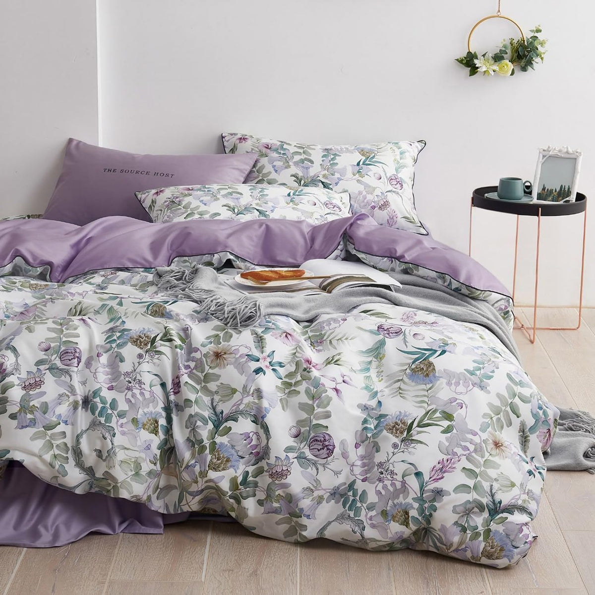 Mixinni Garden Style Purple Floral Printed On White Duvet Cover Queen Size Flower Leaves Pattern Long Staple Cotton Bedding Set