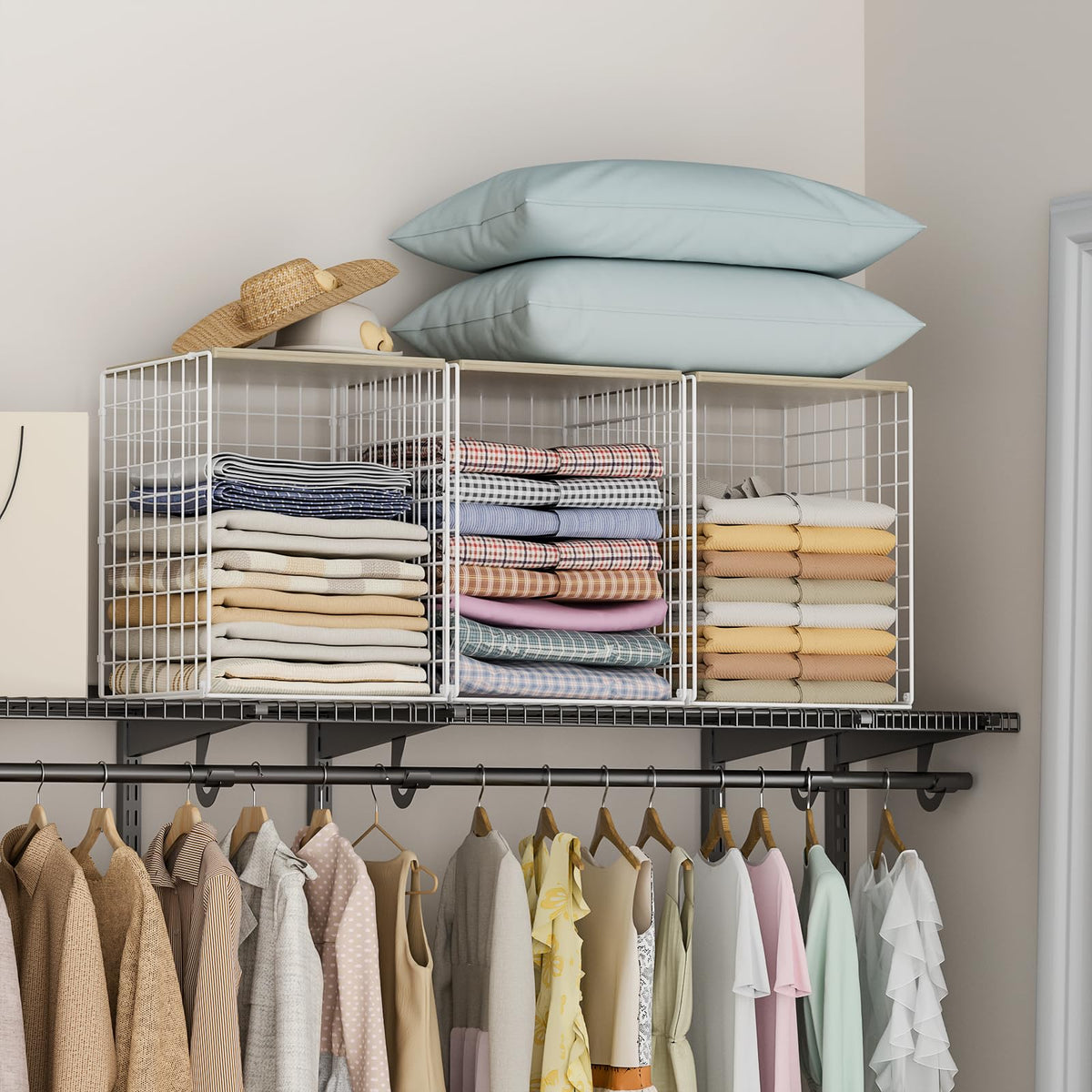 Hencawima 3Pack Taller Stackable Closet Organizers and Storage with Wood Top,White | Wire Storage Bins for Clothes, Double Stor