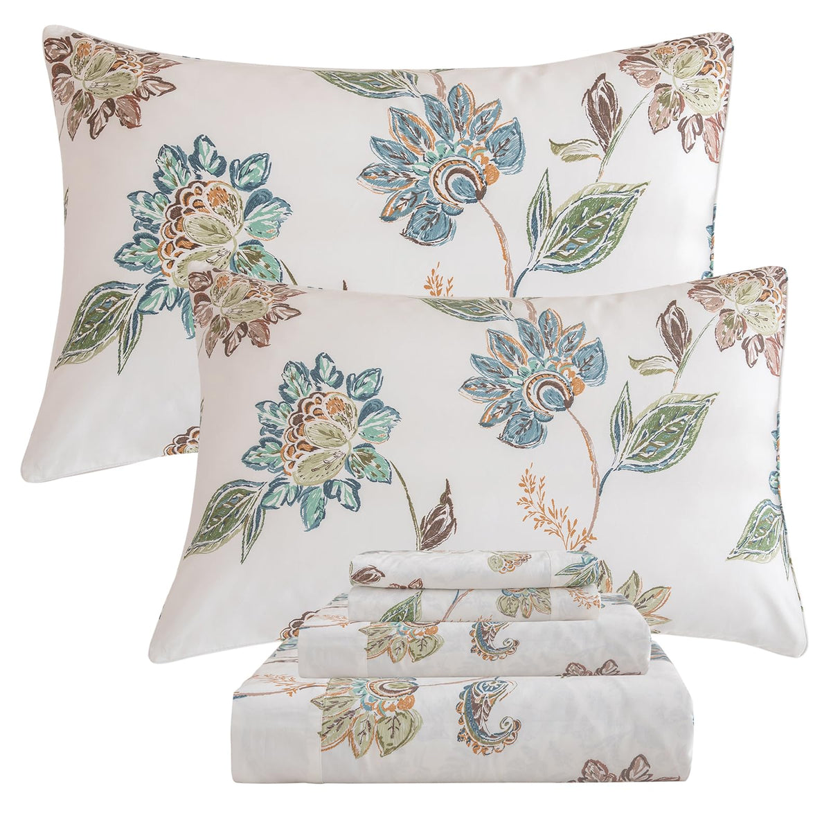 Qsh Floral Bed Sheets Queen Size - 100% Egyptian Cotton Sheets Elegant Botanical Leaves Flower Pattern Printed Bedding Sheets Qu
