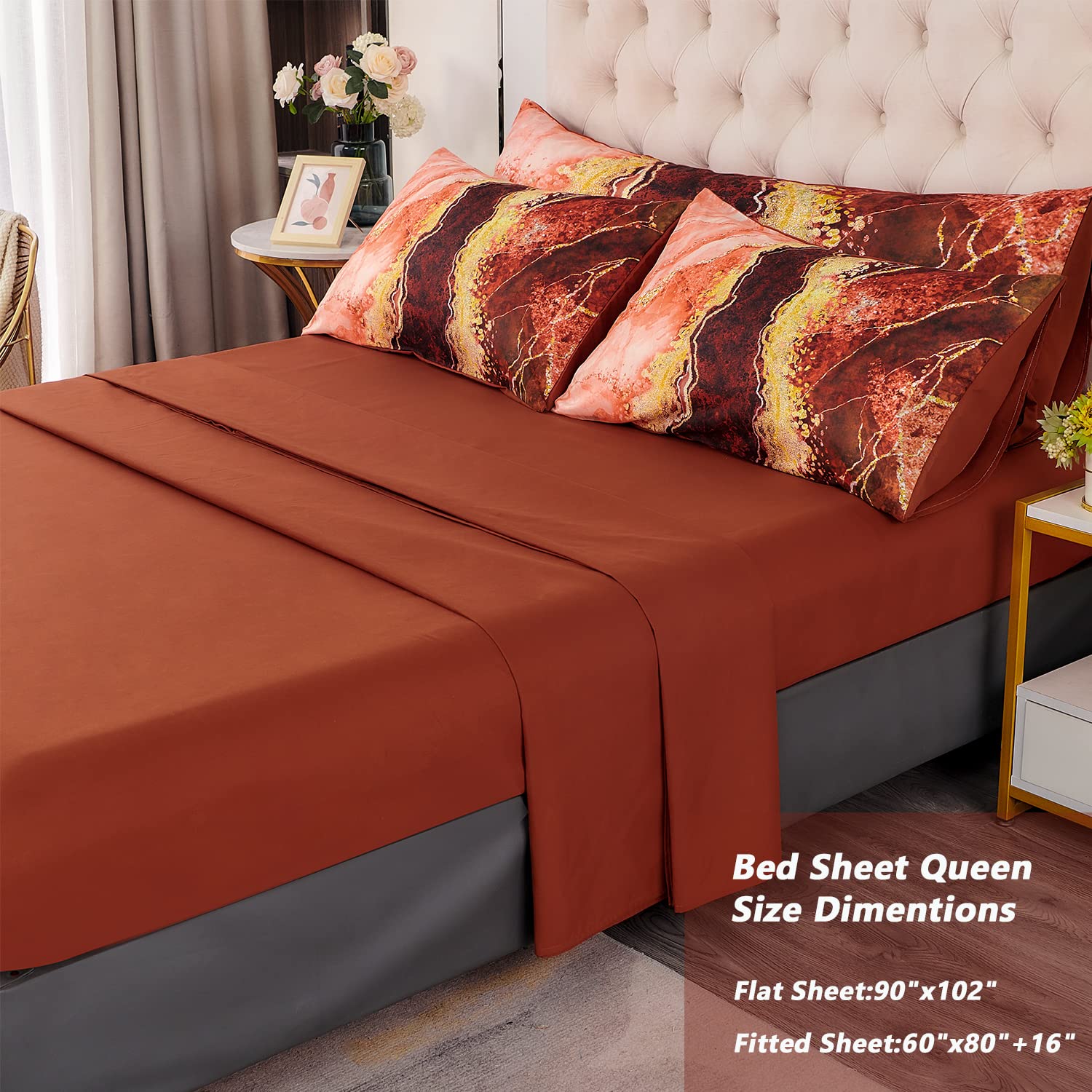 Perfemet 6 Pcs Comforter Set Queen Size Orange Watercolor Mable Printed Bedding With Comforter And Sheets Aesthetic Artwork Styl