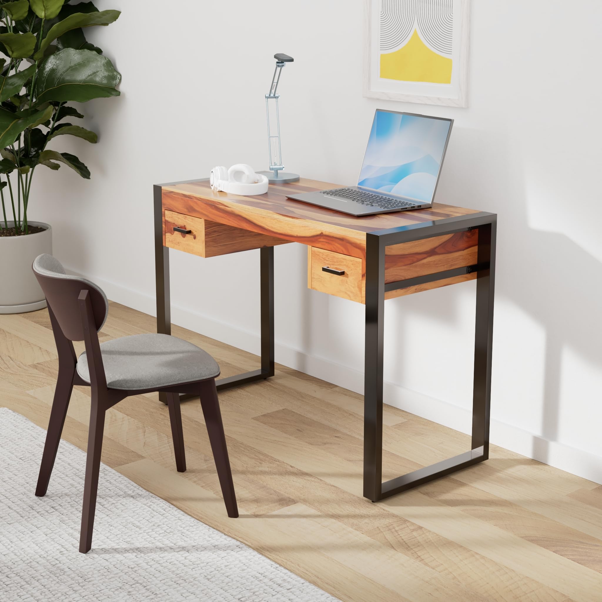 vidaXL Solid Sheesham Wood Desk - Industrial Style Writing Desk with 2 Drawers, Durable Steel Frame, Multifunctional Home Office Furniture, 43.3&quot;x19.7&quot;x30.3&quot;