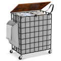 DXIGUSO Laundry Basket with Wheels, Heavy Duty Laundry Sorter 2 Sections, 120L (32Gal.) Large Capacity Laundry Hamper with Wood 